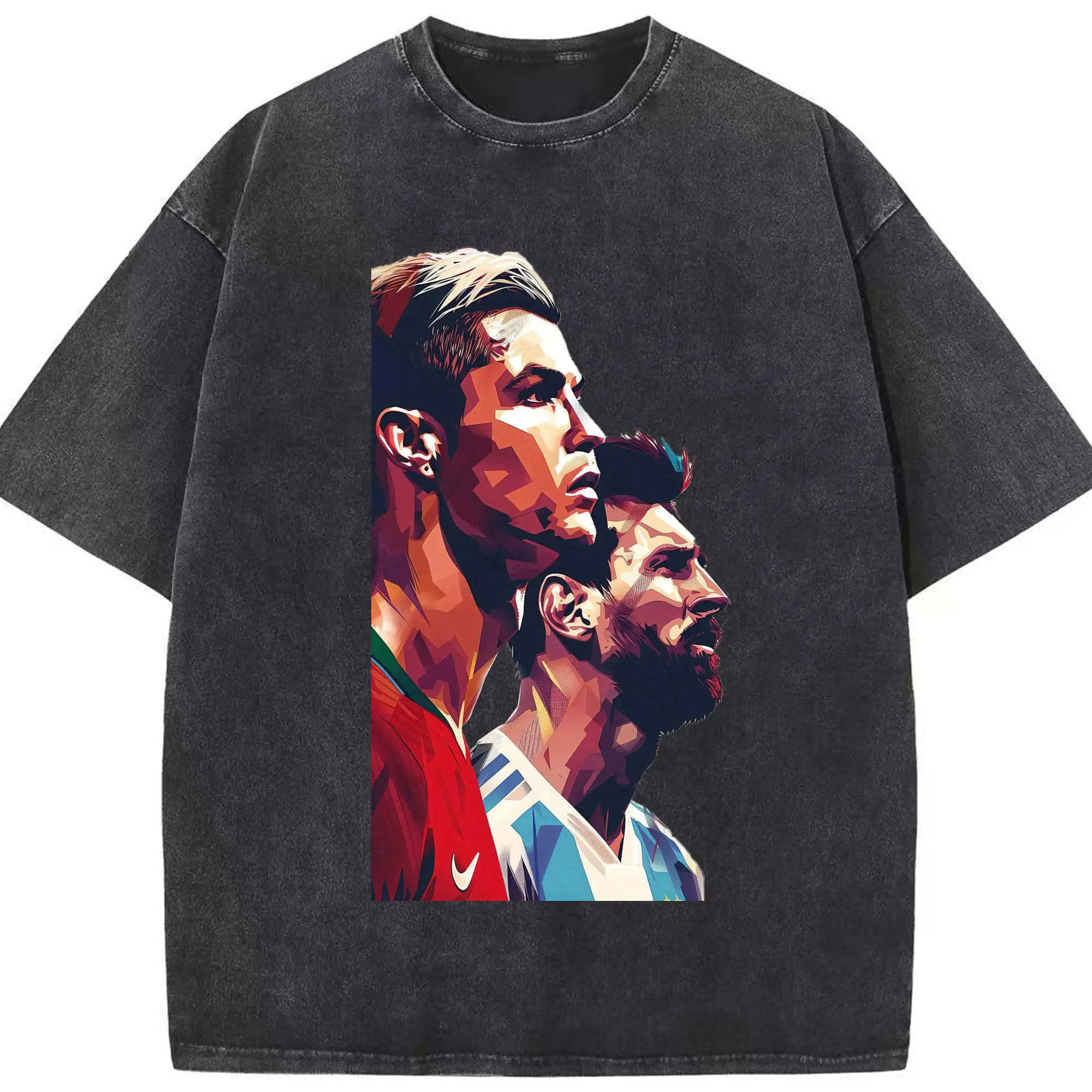 Lionel Messi & Cristiano Ronaldo Soccer Legends Art DIY Shirt - Washed Vintage Look 230g Cotton Oversized T-Shirt With Front Heat Transfer Print – Soft, Lightweight, Stylish Fit – Comfortable Casual Wear For Sports & Everyday Use