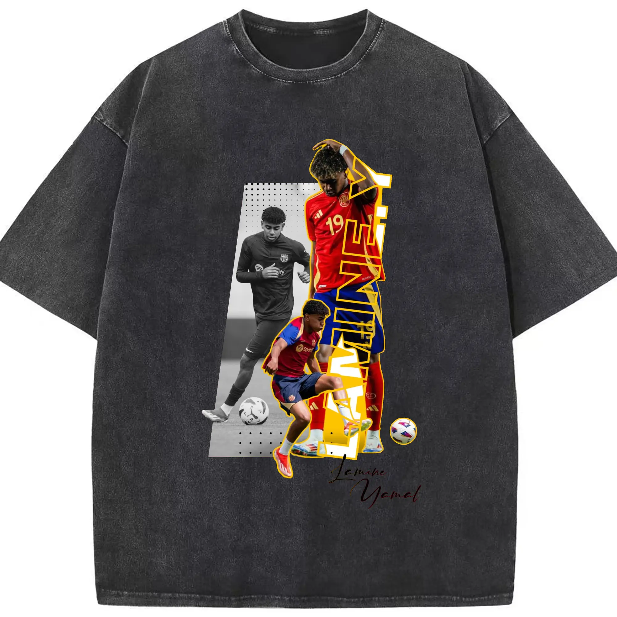 Lamine Yamal Barcelona & Spain National Team Soccer DIY Shirt - Washed Vintage Look 230g Cotton Oversized T-Shirt With Front Heat Transfer Print – Soft, Lightweight, Stylish Fit – Comfortable Casual Wear For Sports & Everyday Use