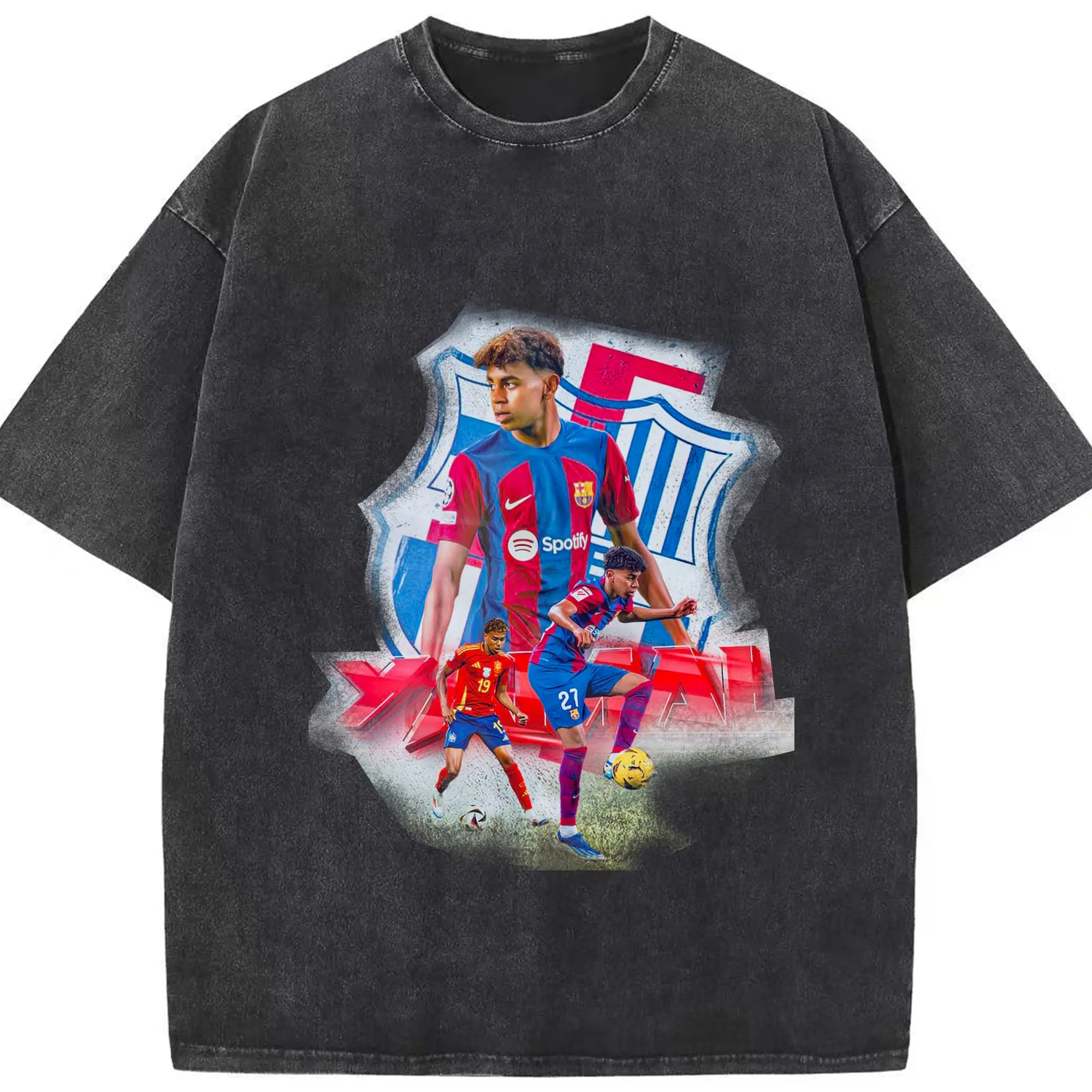 Lamine Yamal Barcelona & Spain National Team Soccer Collage DIY Shirt - Washed Vintage Look 230g Cotton Oversized T-Shirt With Front Heat Transfer Print – Soft, Lightweight, Stylish Fit – Comfortable Casual Wear For Sports & Everyday Use