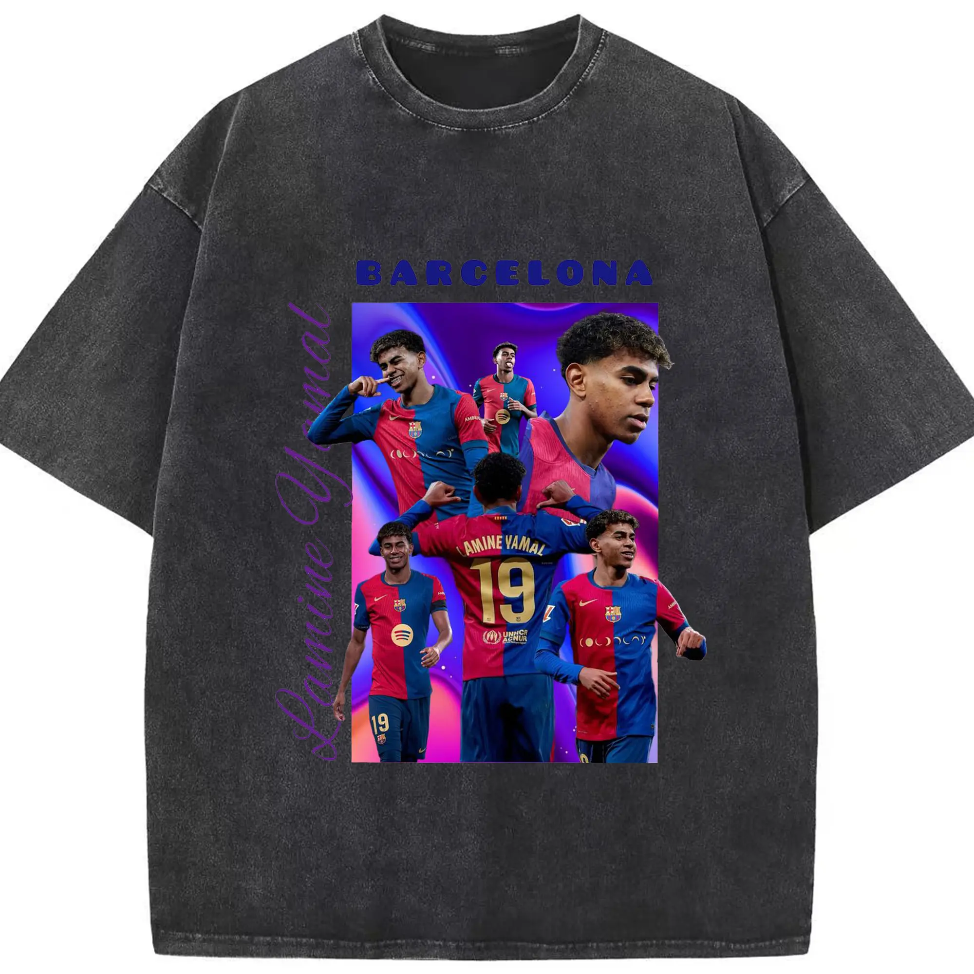 “Lamine Yamal Barcelona 19” Football Star DIY Shirt - Washed Vintage Look 230g Cotton Oversized T-Shirt With Front Heat Transfer Print – Soft, Lightweight, Stylish Fit – Comfortable Casual Wear For Sports & Everyday Use