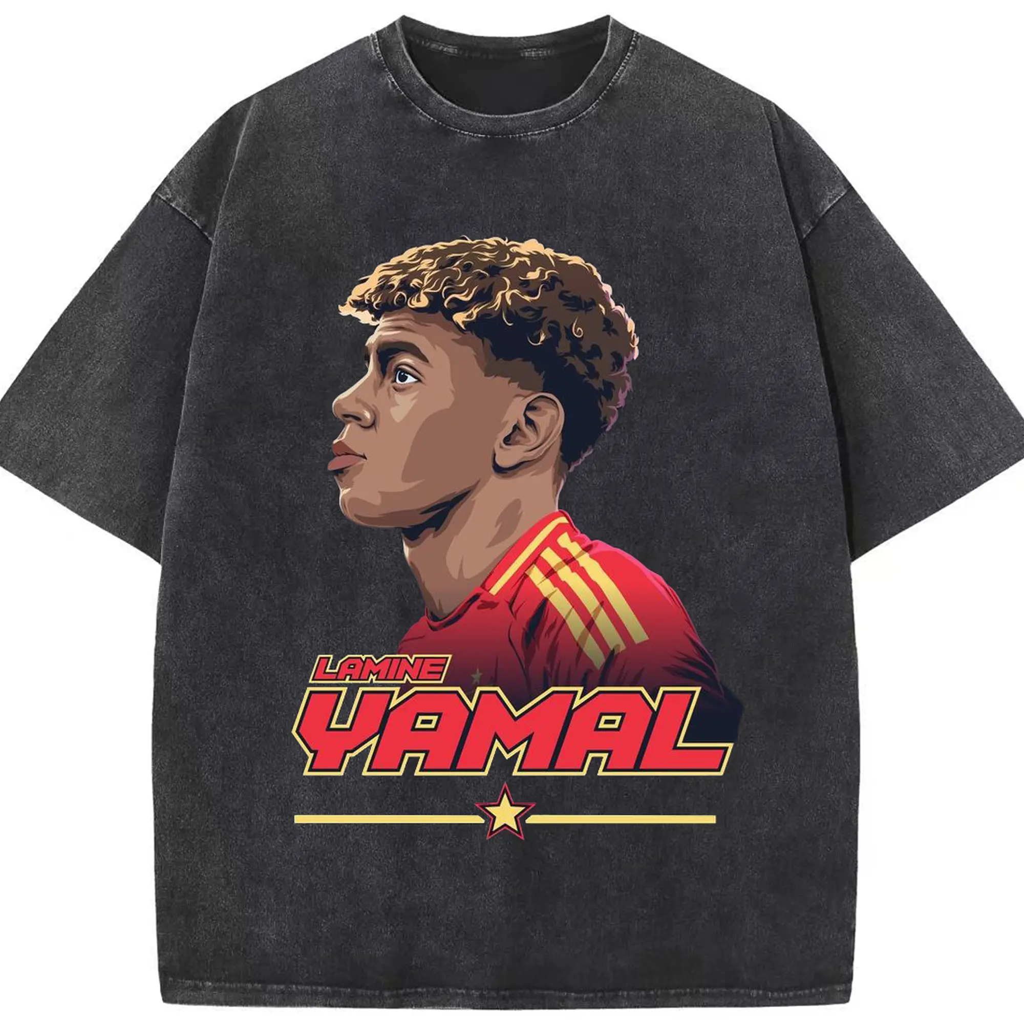 Lamine Yamal Spain National Team Soccer Art DIY - Washed Vintage Look 230g Cotton Oversized T-Shirt With Front Heat Transfer Print – Soft, Lightweight, Stylish Fit – Comfortable Casual Wear For Sports & Everyday Use