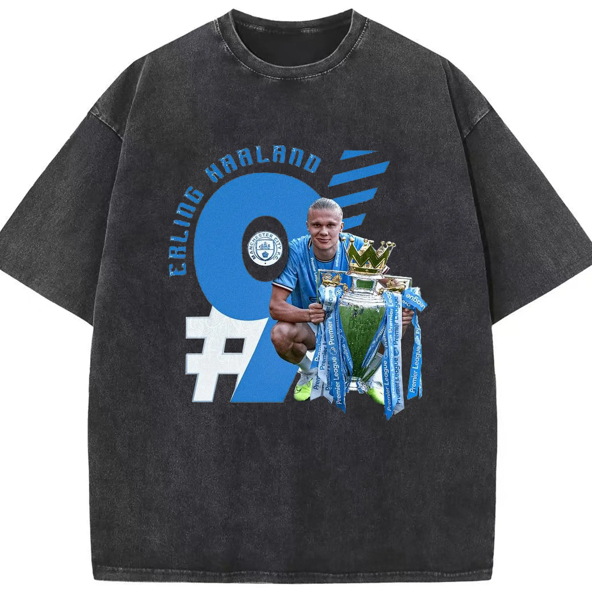 Erling Haaland Manchester City Premier League Champion DIY Shirt - Washed Vintage Look 230g Cotton Oversized T-Shirt With Front Heat Transfer Print – Soft, Lightweight, Stylish Fit – Comfortable Casual Wear For Sports & Everyday Use