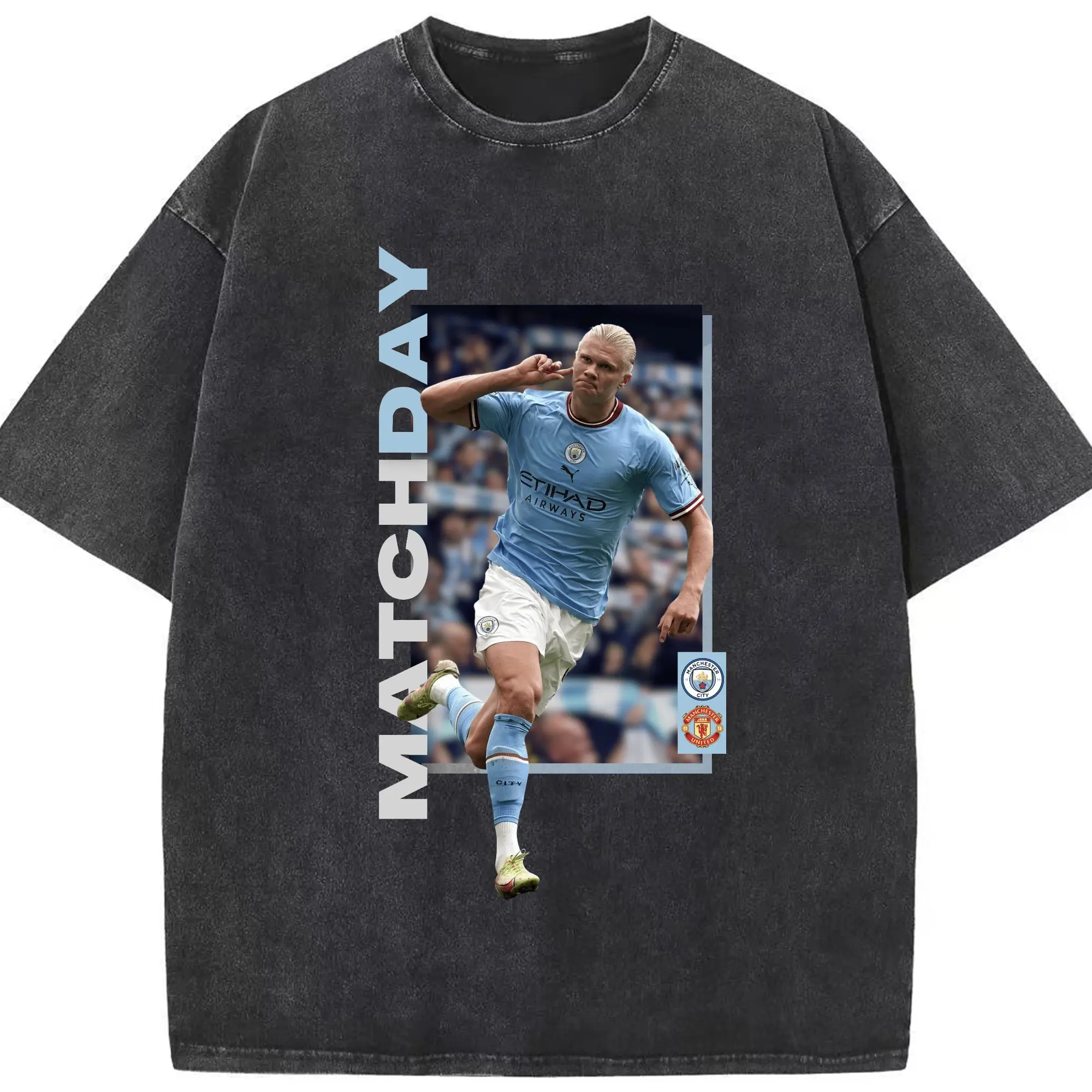 Erling Haaland Manchester City Matchday DIY Shirt - Washed Vintage Look 230g Cotton Oversized T-Shirt With Front Heat Transfer Print – Soft, Lightweight, Stylish Fit – Comfortable Casual Wear For Sports & Everyday Use