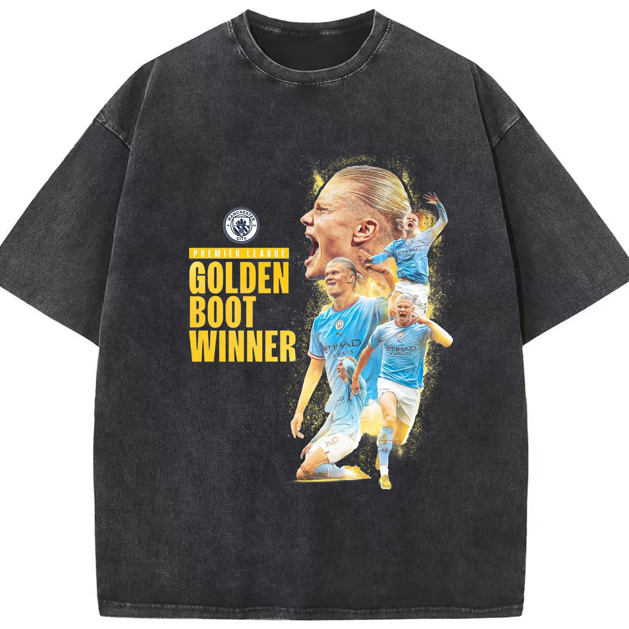Erling Haaland Manchester City Premier League Golden Boot DIY Shirt - Washed Vintage Look 230g Cotton Oversized T-Shirt With Front Heat Transfer Print – Soft, Lightweight, Stylish Fit – Comfortable Casual Wear For Sports & Everyday Use