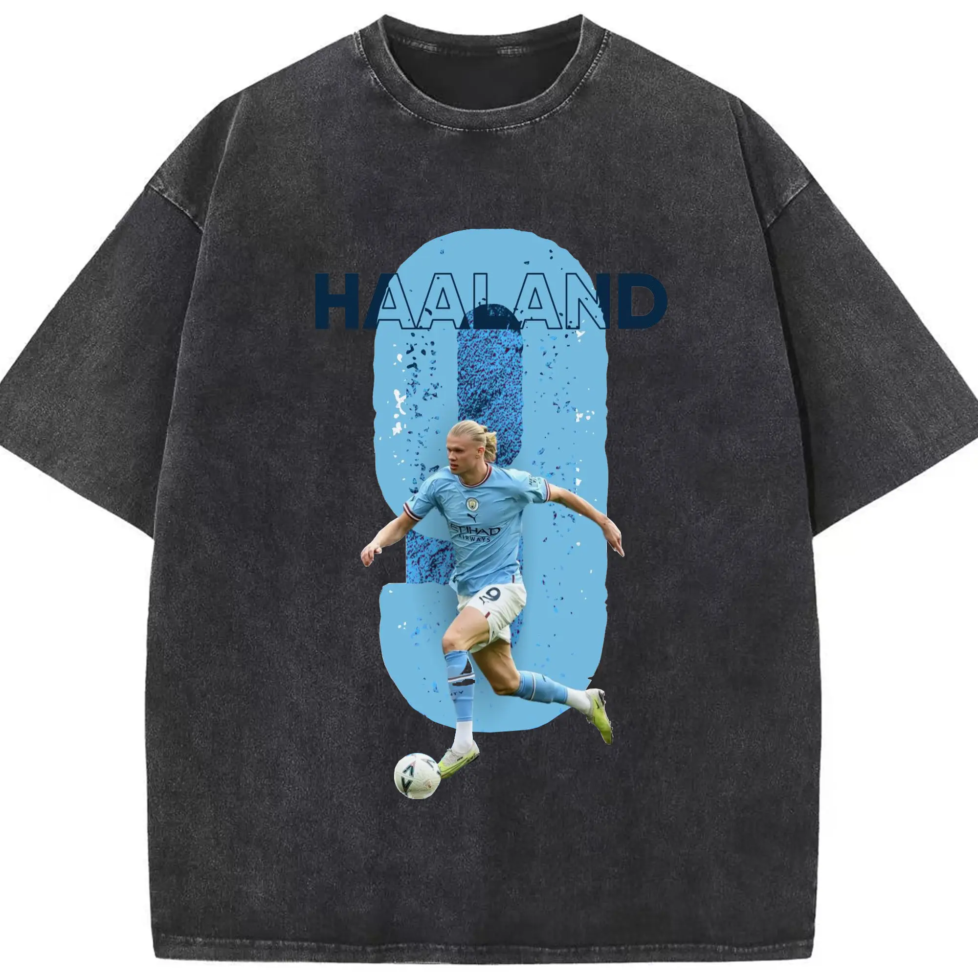 Erling Haaland Manchester City #9 Soccer Star DIY Shirt - Washed Vintage Look 230g Cotton Oversized T-Shirt With Front Heat Transfer Print – Soft, Lightweight, Stylish Fit – Comfortable Casual Wear For Sports & Everyday Use