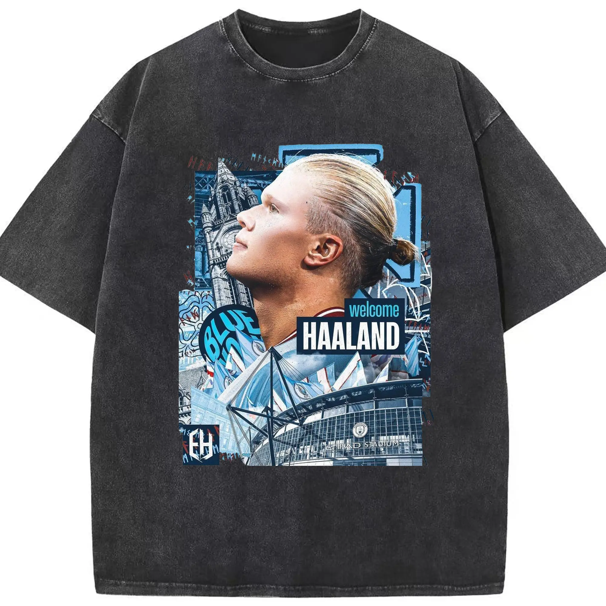 Erling Haaland Manchester City Welcome Collage DIY Shirt - Washed Vintage Look 230g Cotton Oversized T-Shirt With Front Heat Transfer Print – Soft, Lightweight, Stylish Fit – Comfortable Casual Wear For Sports & Everyday Use