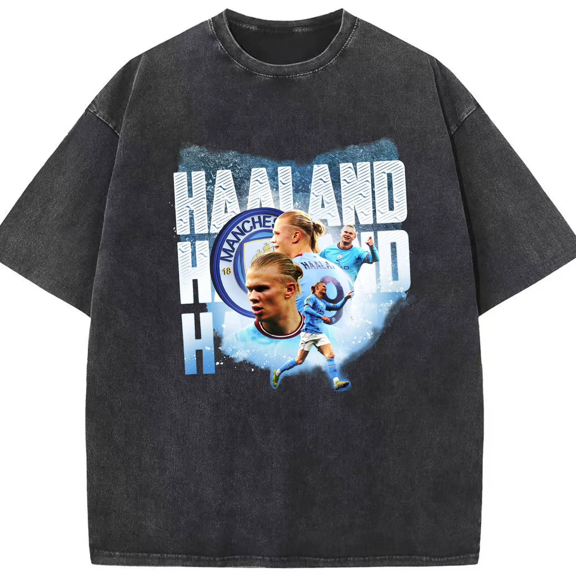 Erling Haaland Manchester City Soccer Star Collage DIY Shirt - Washed Vintage Look 230g Cotton Oversized T-Shirt With Front Heat Transfer Print – Soft, Lightweight, Stylish Fit – Comfortable Casual Wear For Sports & Everyday Use