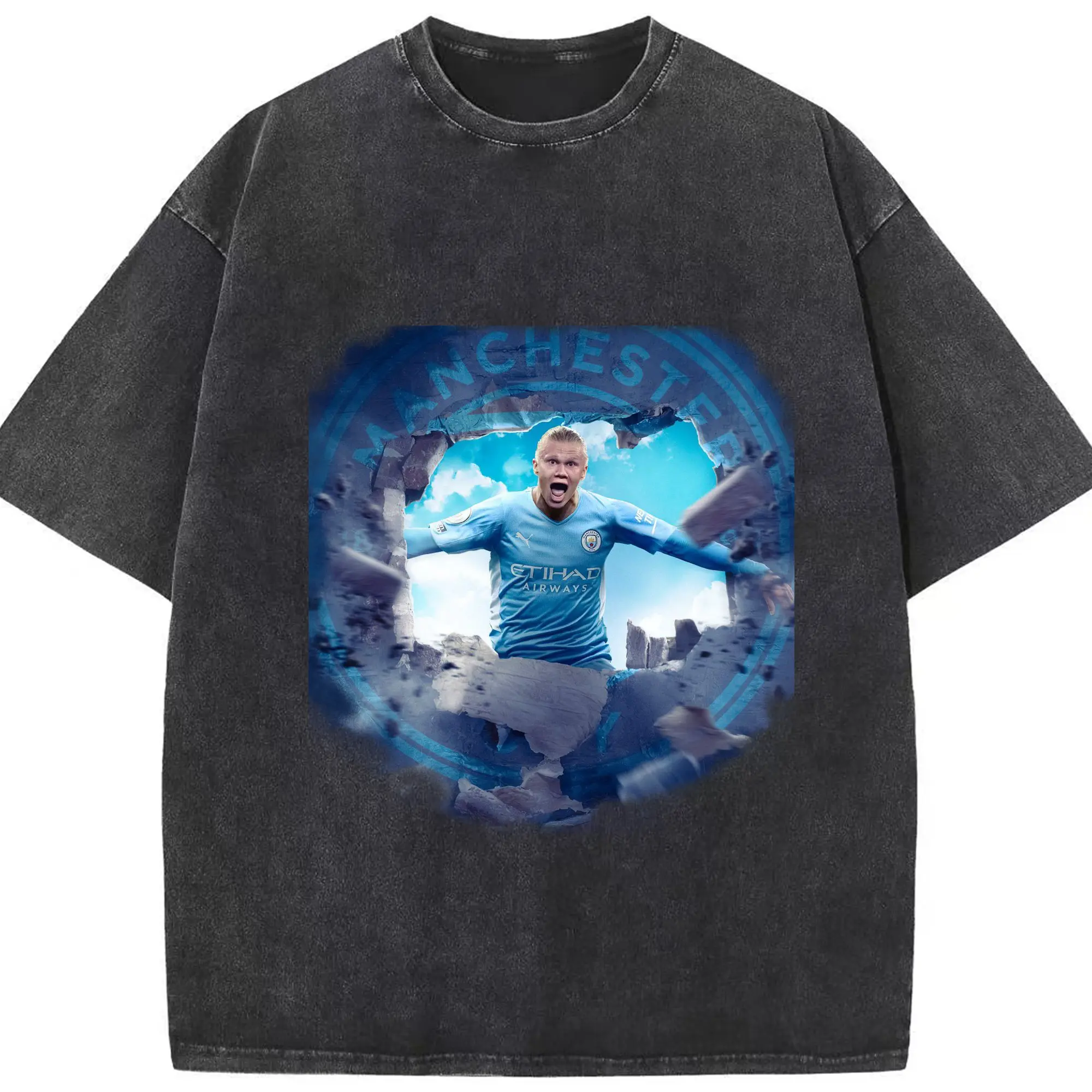 Erling Haaland Manchester City Breakthrough DIY Shirt - Washed Vintage Look 230g Cotton Oversized T-Shirt With Front Heat Transfer Print – Soft, Lightweight, Stylish Fit – Comfortable Casual Wear For Sports & Everyday Use
