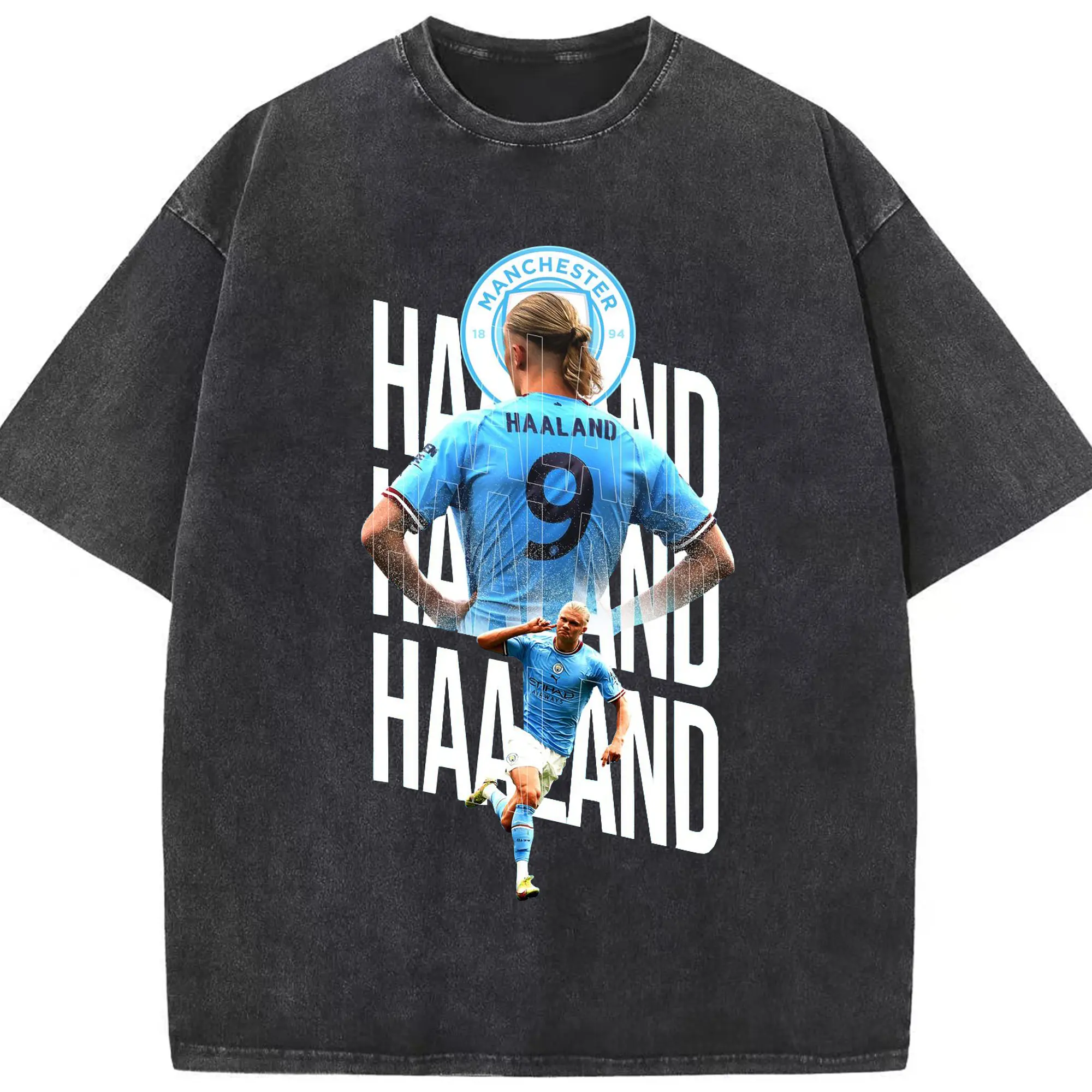 Erling Haaland Manchester City #9 Soccer Star DIY Shirt - Washed Vintage Look 230g Cotton Oversized T-Shirt With Front Heat Transfer Print – Soft, Lightweight, Stylish Fit – Comfortable Casual Wear For Sports & Everyday Use