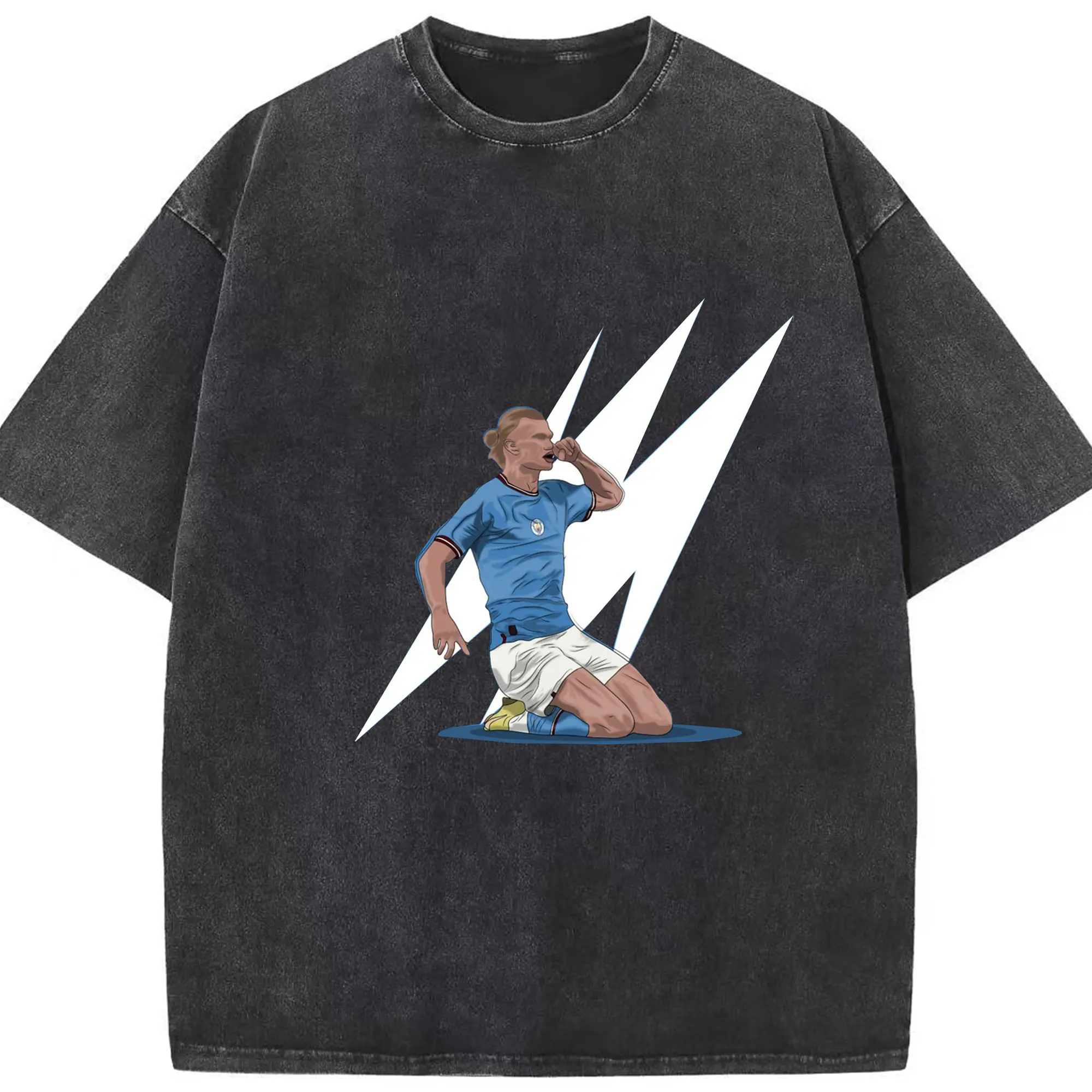 Erling Haaland Manchester City Slide Celebration DIY Shirt - Washed Vintage Look 230g Cotton Oversized T-Shirt With Front Heat Transfer Print – Soft, Lightweight, Stylish Fit – Comfortable Casual Wear For Sports & Everyday Use