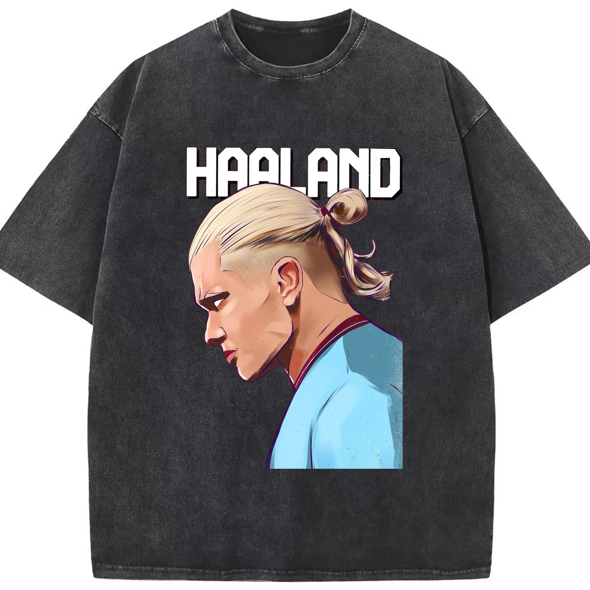 Erling Haaland Manchester City Comic Style DIY Shirt - Washed Vintage Look 230g Cotton Oversized T-Shirt With Front Heat Transfer Print – Soft, Lightweight, Stylish Fit – Comfortable Casual Wear For Sports & Everyday Use