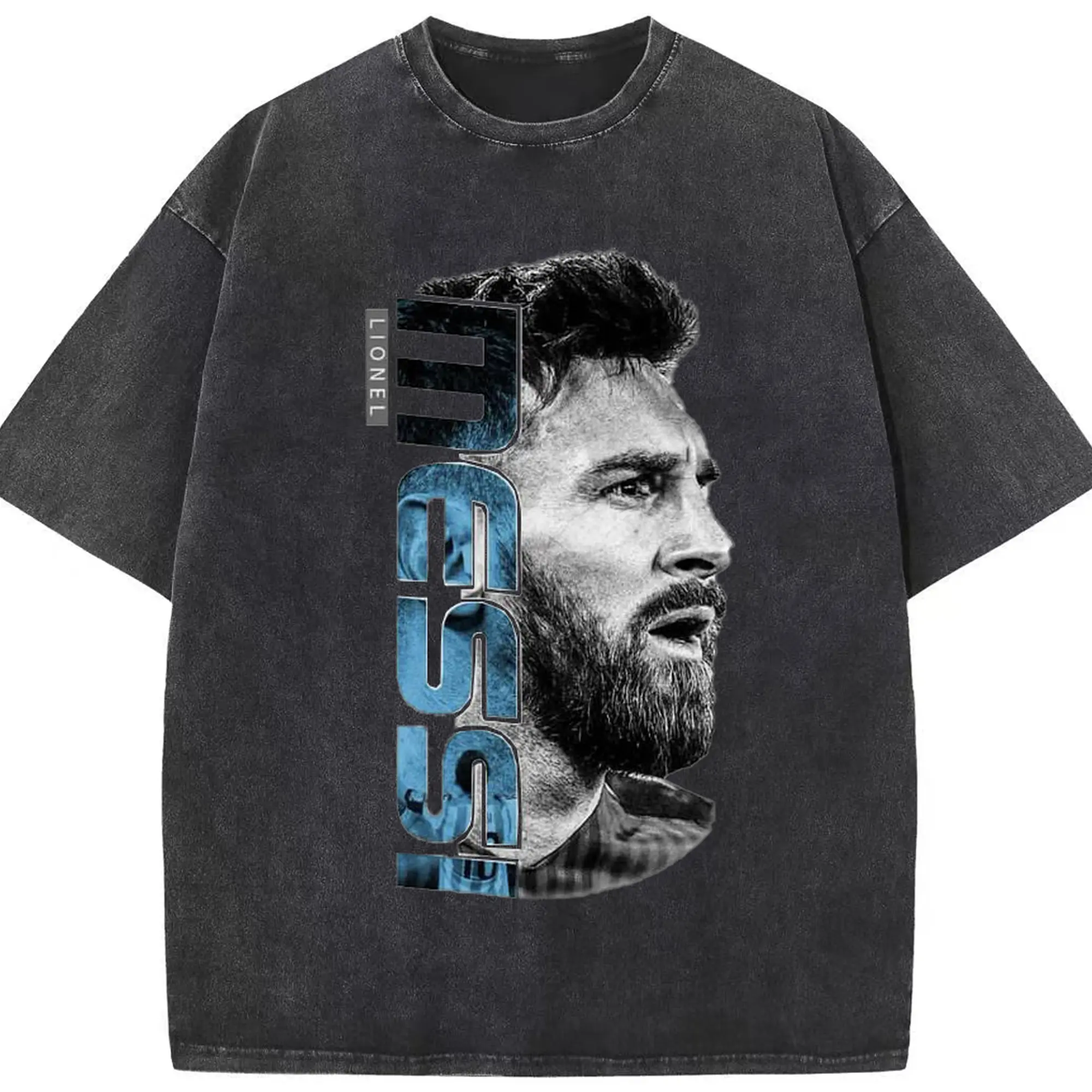 Lionel Messi Artistic Portrait DIY Shirt - Washed Vintage Look 230g Cotton Oversized T-Shirt With Front Heat Transfer Print – Soft, Lightweight, Stylish Fit – Comfortable Casual Wear For Sports & Everyday Use