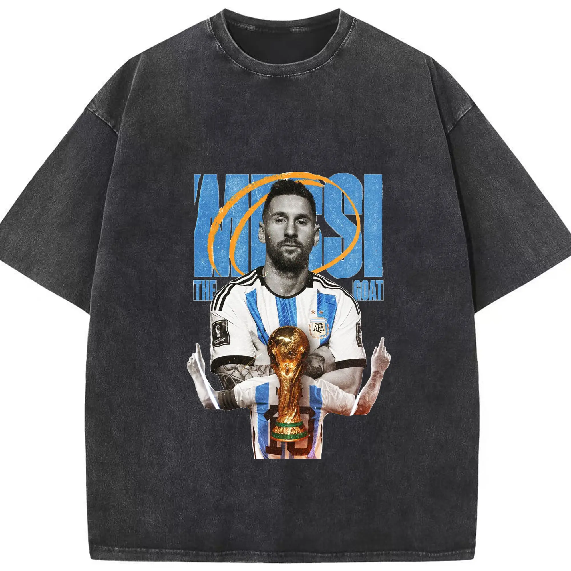 Lionel Messi Argentina World Cup GOAT DIY Shirt - Washed Vintage Look 230g Cotton Oversized T-Shirt With Front Heat Transfer Print – Soft, Lightweight, Stylish Fit – Comfortable Casual Wear For Sports & Everyday Use