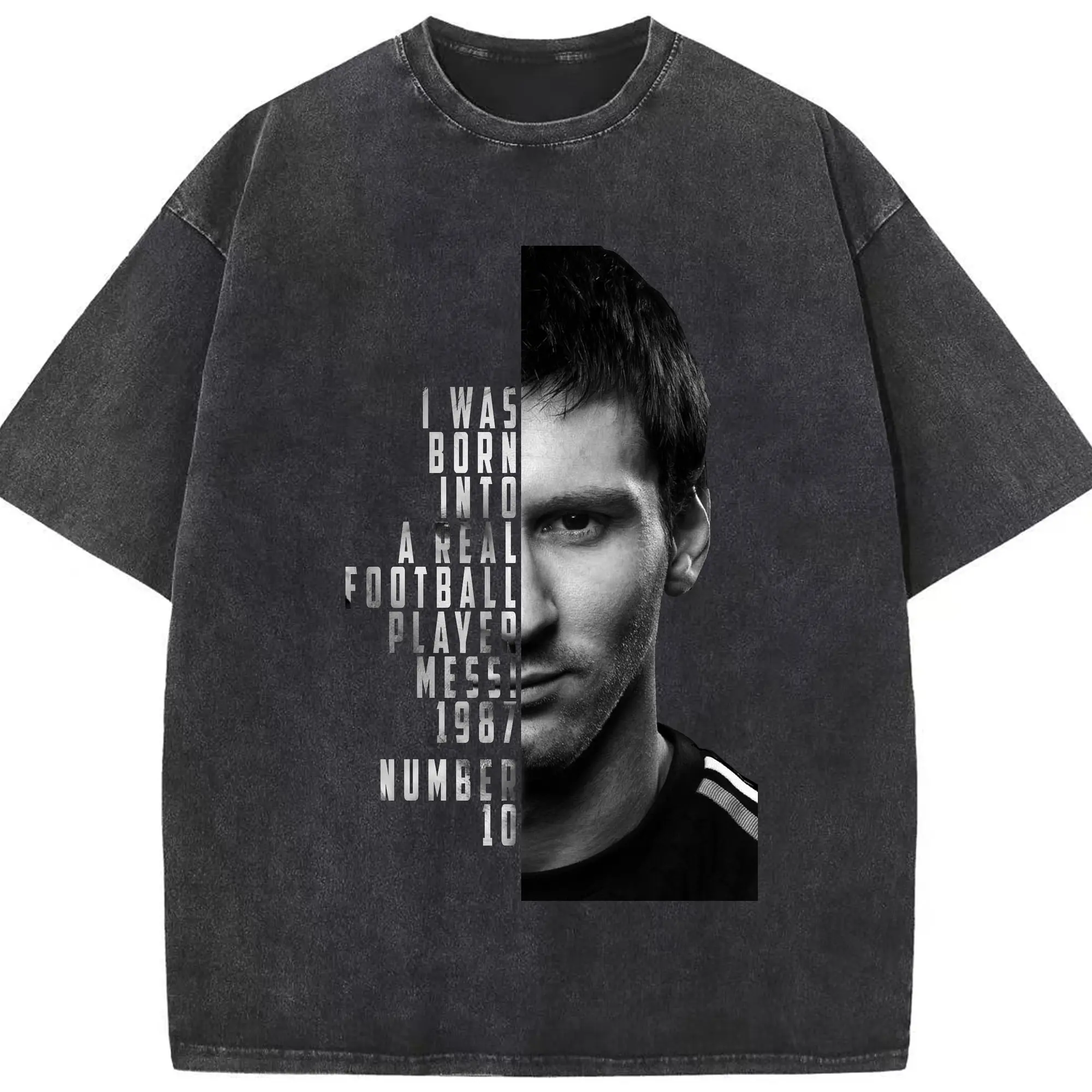 Lionel Messi “Born into Football” Inspirational DIY Shirt - Washed Vintage Look 230g Cotton Oversized T-Shirt With Front Heat Transfer Print – Soft, Lightweight, Stylish Fit – Comfortable Casual Wear For Sports & Everyday Use