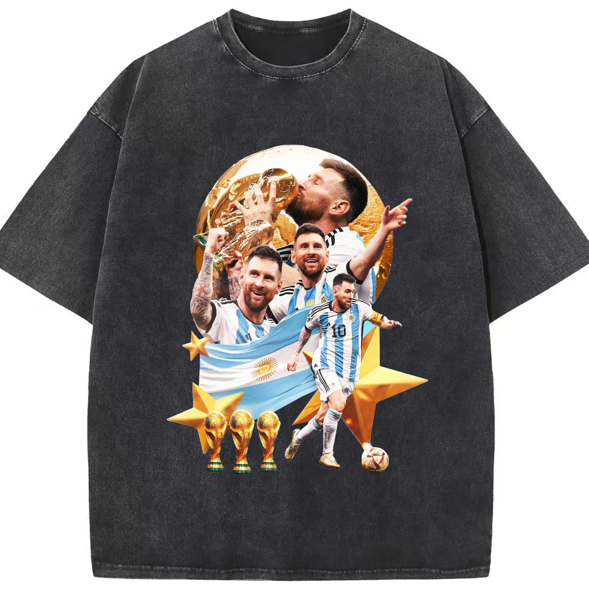 Lionel Messi Argentina World Cup Champion Collage DIY Shirt - Washed Vintage Look 230g Cotton Oversized T-Shirt With Front Heat Transfer Print – Soft, Lightweight, Stylish Fit – Comfortable Casual Wear For Sports & Everyday Use