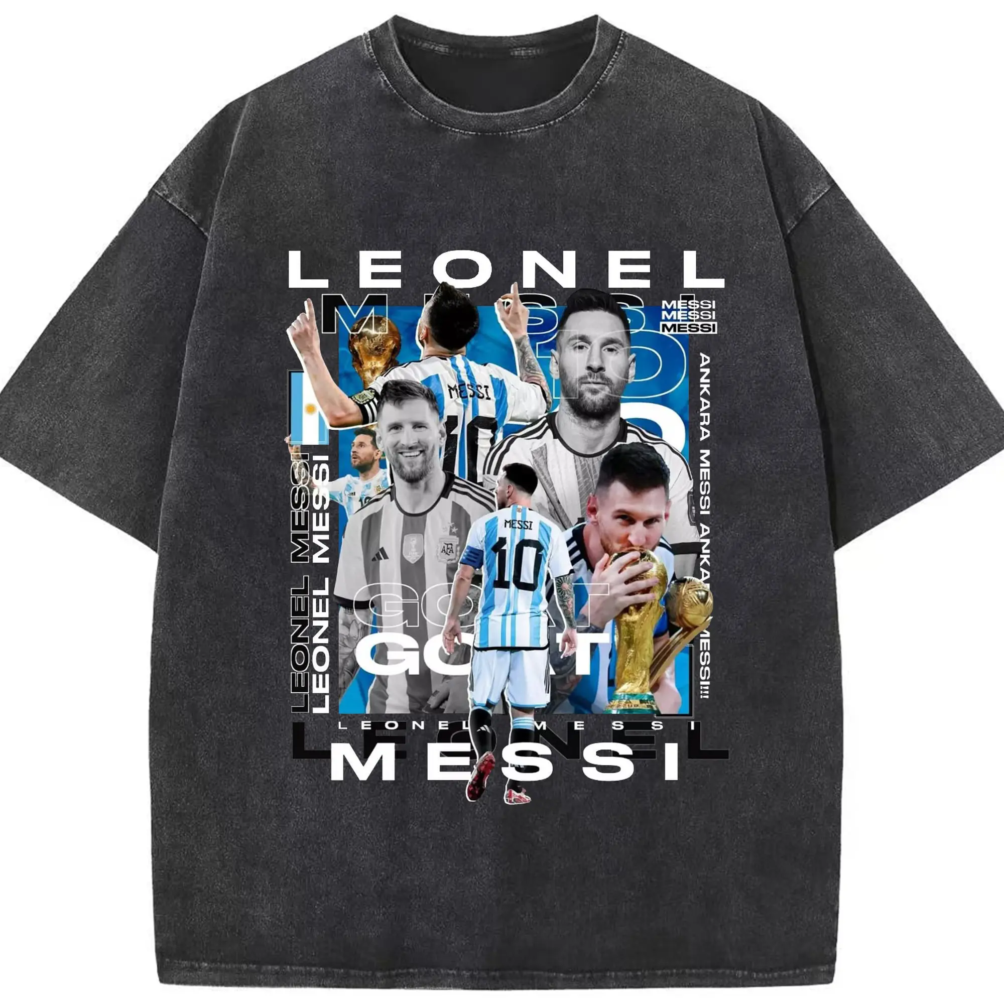 Lionel Messi Argentina World Cup GOAT Collage DIY Shirt - Washed Vintage Look 230g Cotton Oversized T-Shirt With Front Heat Transfer Print – Soft, Lightweight, Stylish Fit – Comfortable Casual Wear For Sports & Everyday Use
