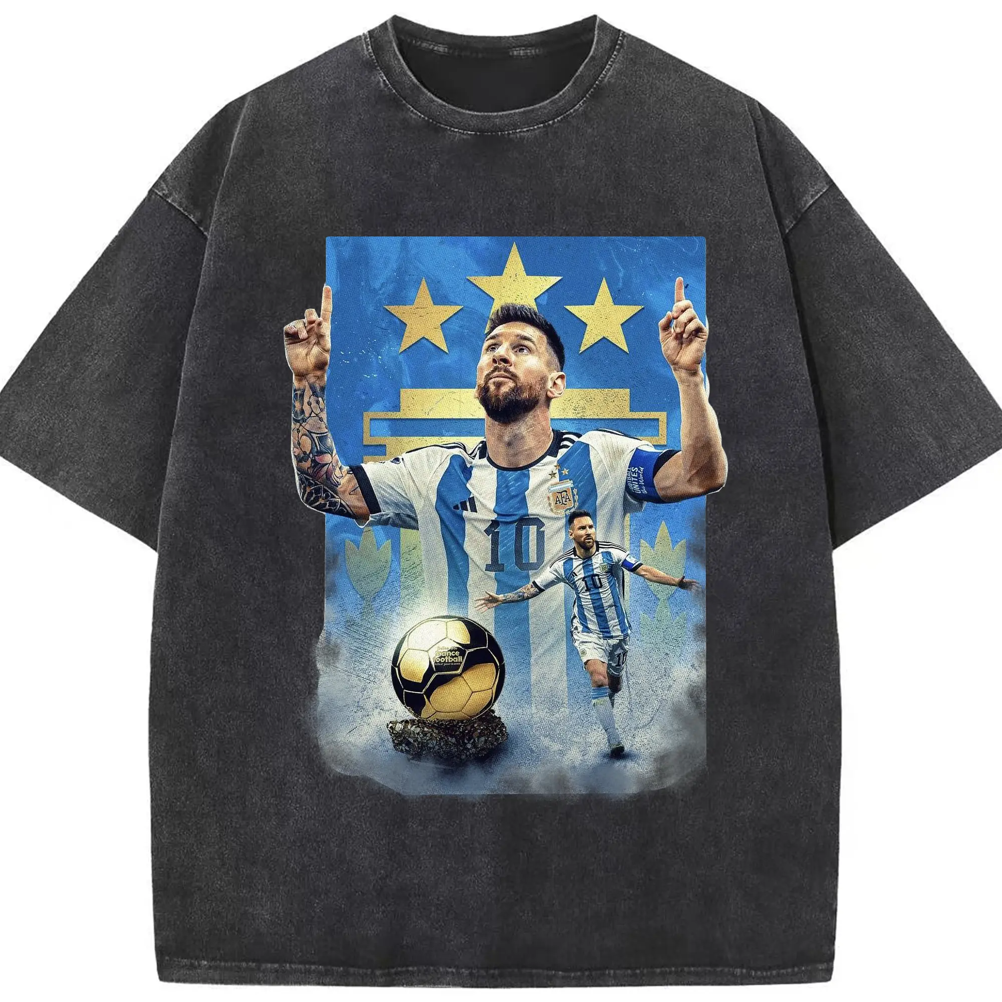 Messi Argentina #10 Golden Ball Champion DIY Shirt - Washed Vintage Look 230g Cotton Oversized T-Shirt With Front Heat Transfer Print – Soft, Lightweight, Stylish Fit – Comfortable Casual Wear For Sports & Everyday Use