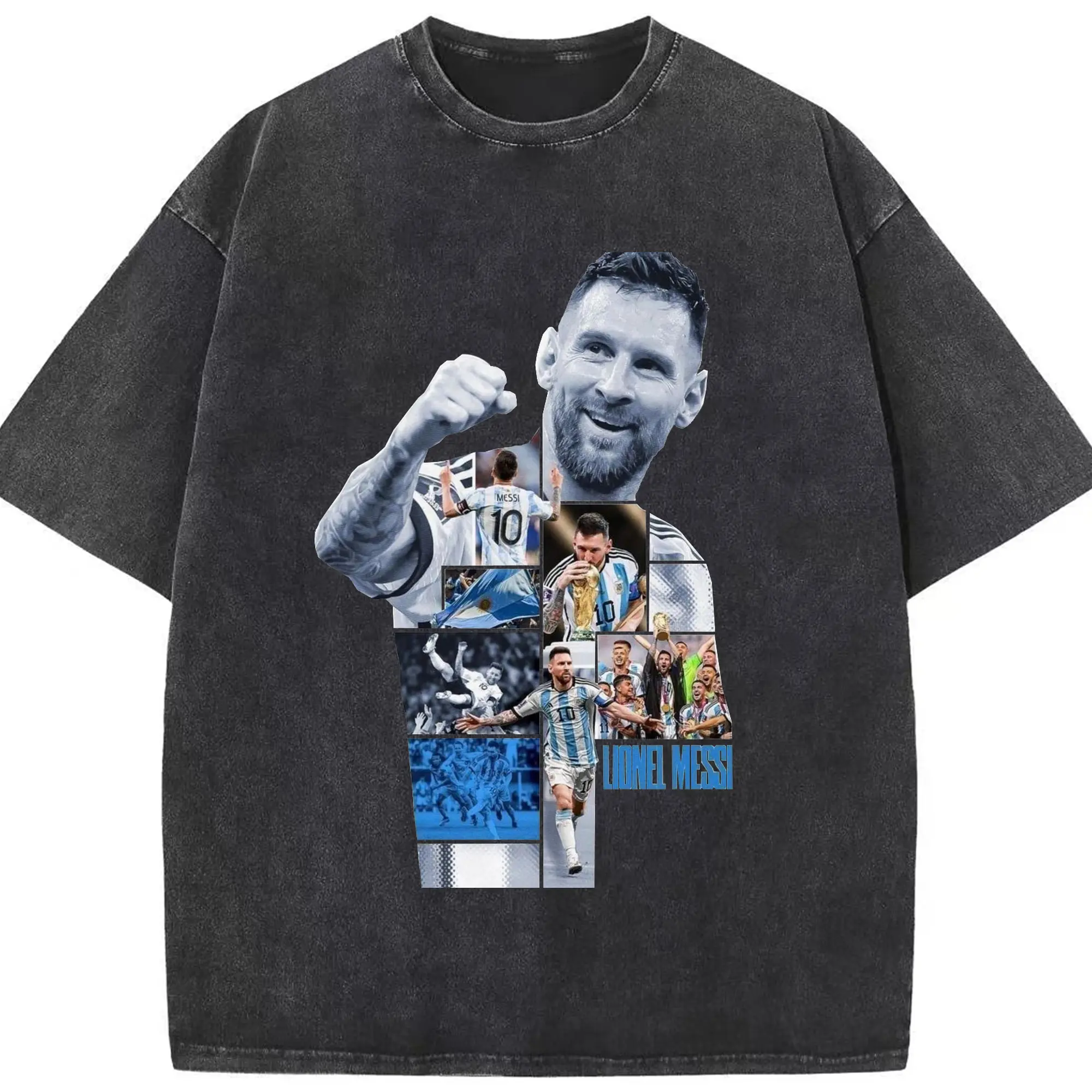 Lionel Messi Argentina World Cup Collage DIY Shirt - Washed Vintage Look 230g Cotton Oversized T-Shirt With Front Heat Transfer Print – Soft, Lightweight, Stylish Fit – Comfortable Casual Wear For Sports & Everyday Use
