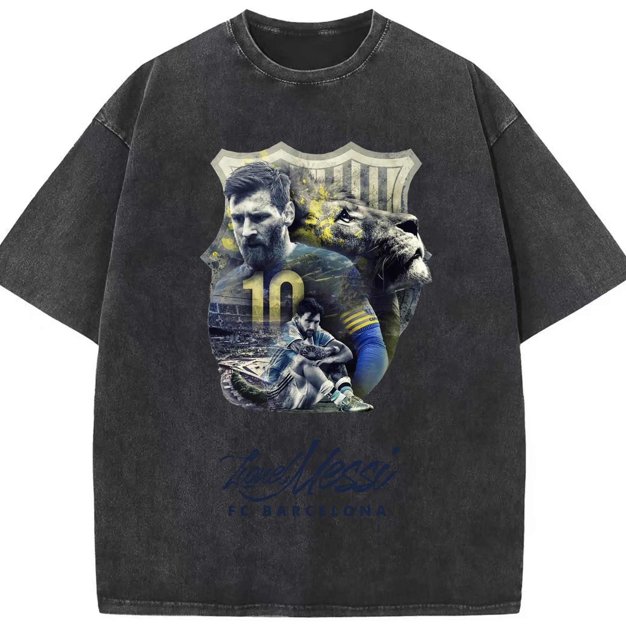 Lionel Messi FC Barcelona Lion Legend DIY Shirt - Washed Vintage Look 230g Cotton Oversized T-Shirt With Front Heat Transfer Print – Soft, Lightweight, Stylish Fit – Comfortable Casual Wear For Sports & Everyday Use