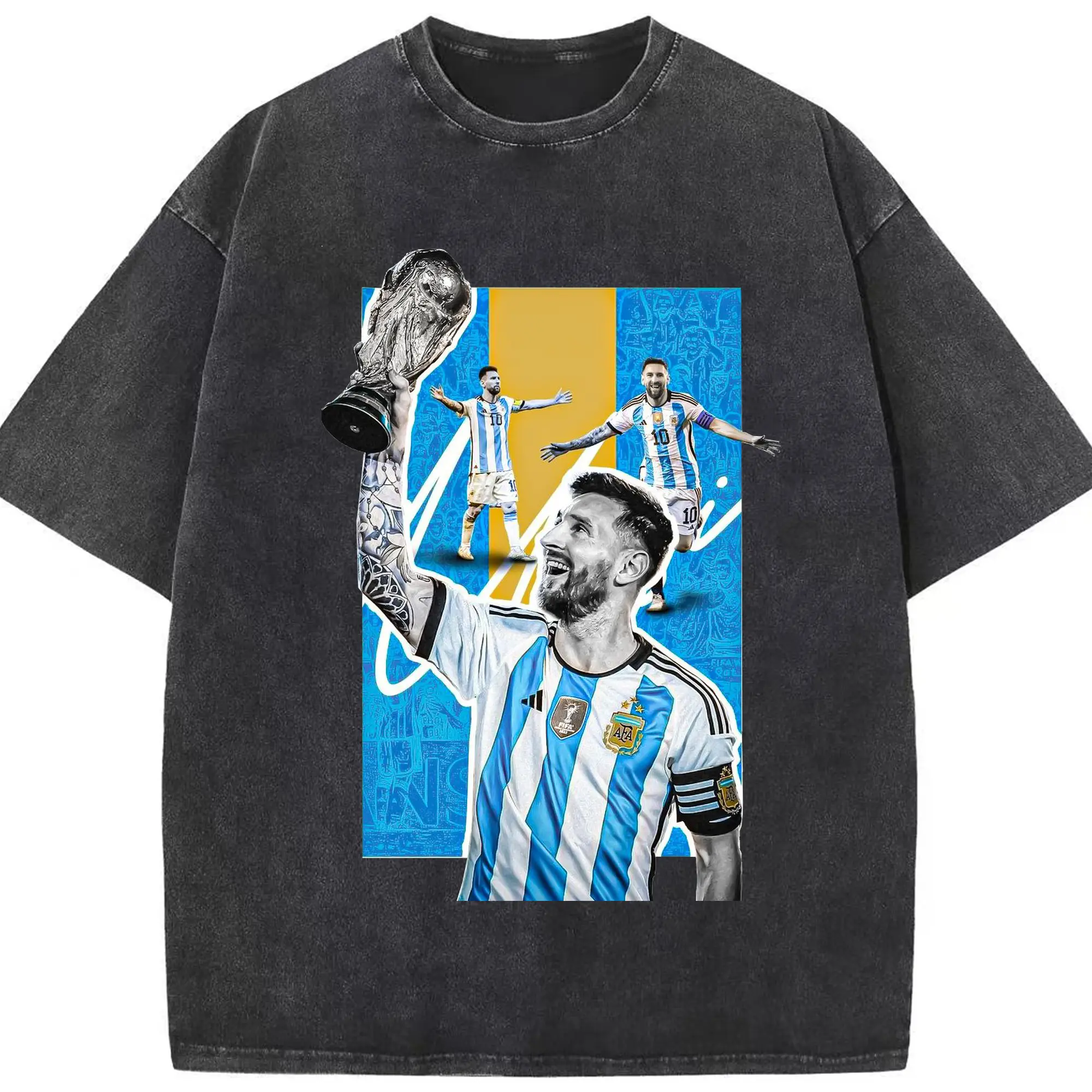 Lionel Messi Argentina World Cup Champion DIY Shirt - Washed Vintage Look 230g Cotton Oversized T-Shirt With Front Heat Transfer Print – Soft, Lightweight, Stylish Fit – Comfortable Casual Wear For Sports & Everyday Use