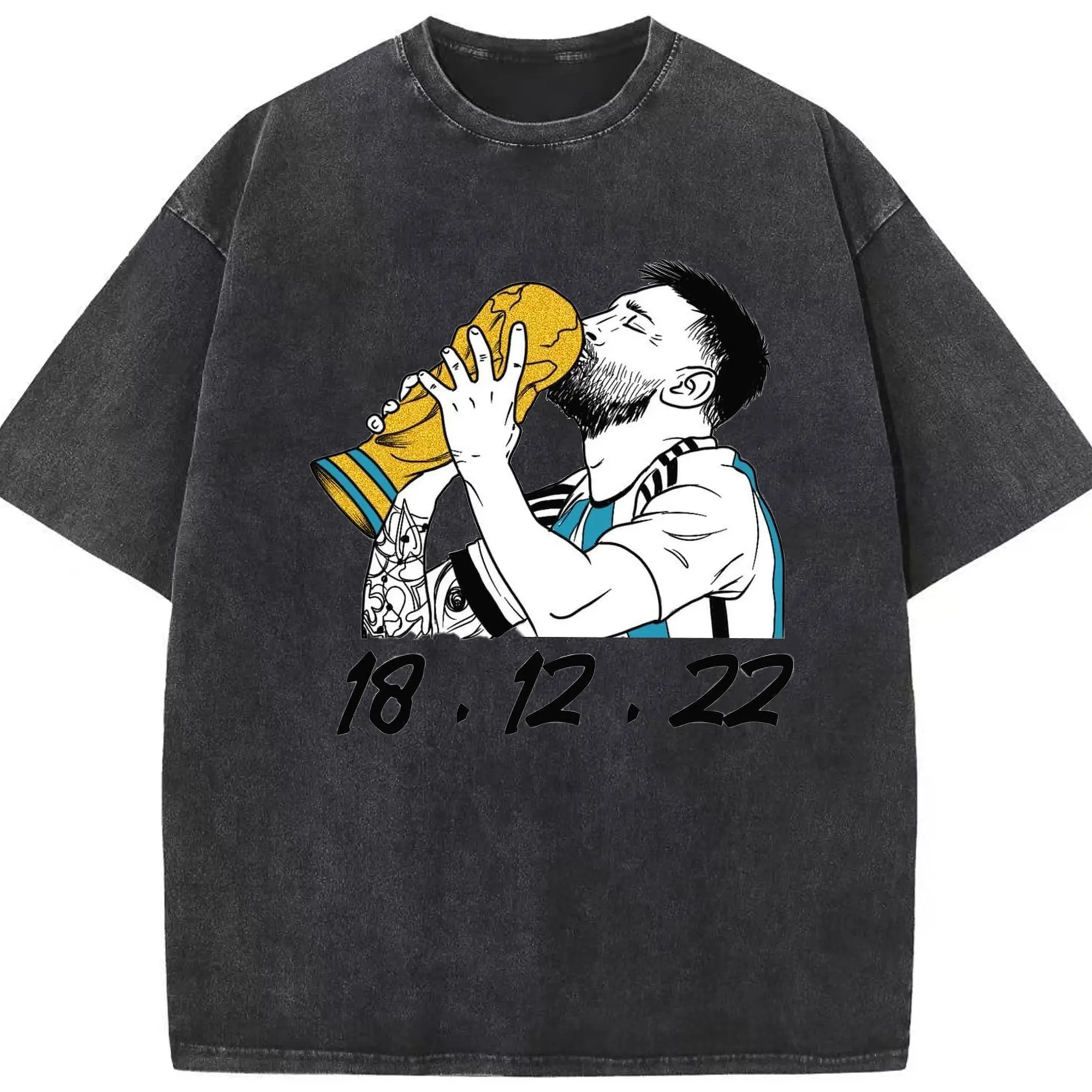 Lionel Messi 2022 World Cup Champion Kiss Trophy DIY Shirt - Washed Vintage Look 230g Cotton Oversized T-Shirt With Front Heat Transfer Print – Soft, Lightweight, Stylish Fit – Comfortable Casual Wear For Sports & Everyday Use