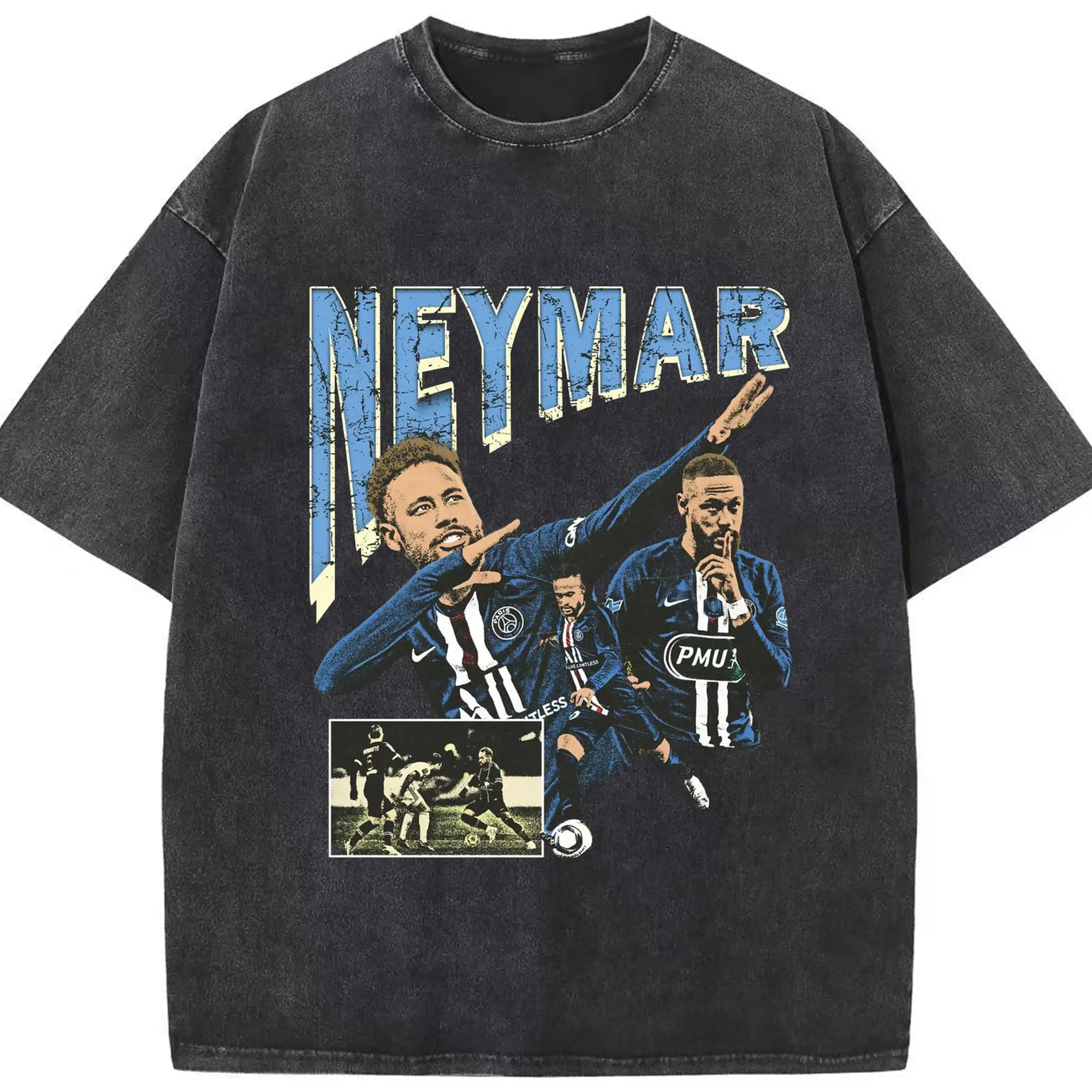 Neymar Paris Saint-Germain Retro Collage DIY Shirt - Washed Vintage Look 230g Cotton Oversized T-Shirt With Front Heat Transfer Print – Soft, Lightweight, Stylish Fit – Comfortable Casual Wear For Sports & Everyday Use
