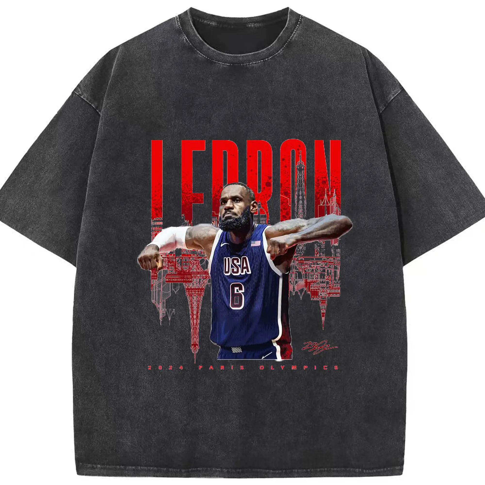 LeBron James 2024 Paris Olympics USA Jersey Shirt - Washed Vintage Look 230g Cotton Oversized T-Shirt With Front Heat Transfer Print – Soft, Lightweight, Stylish Fit – Comfortable Casual Wear For Sports & Everyday Use