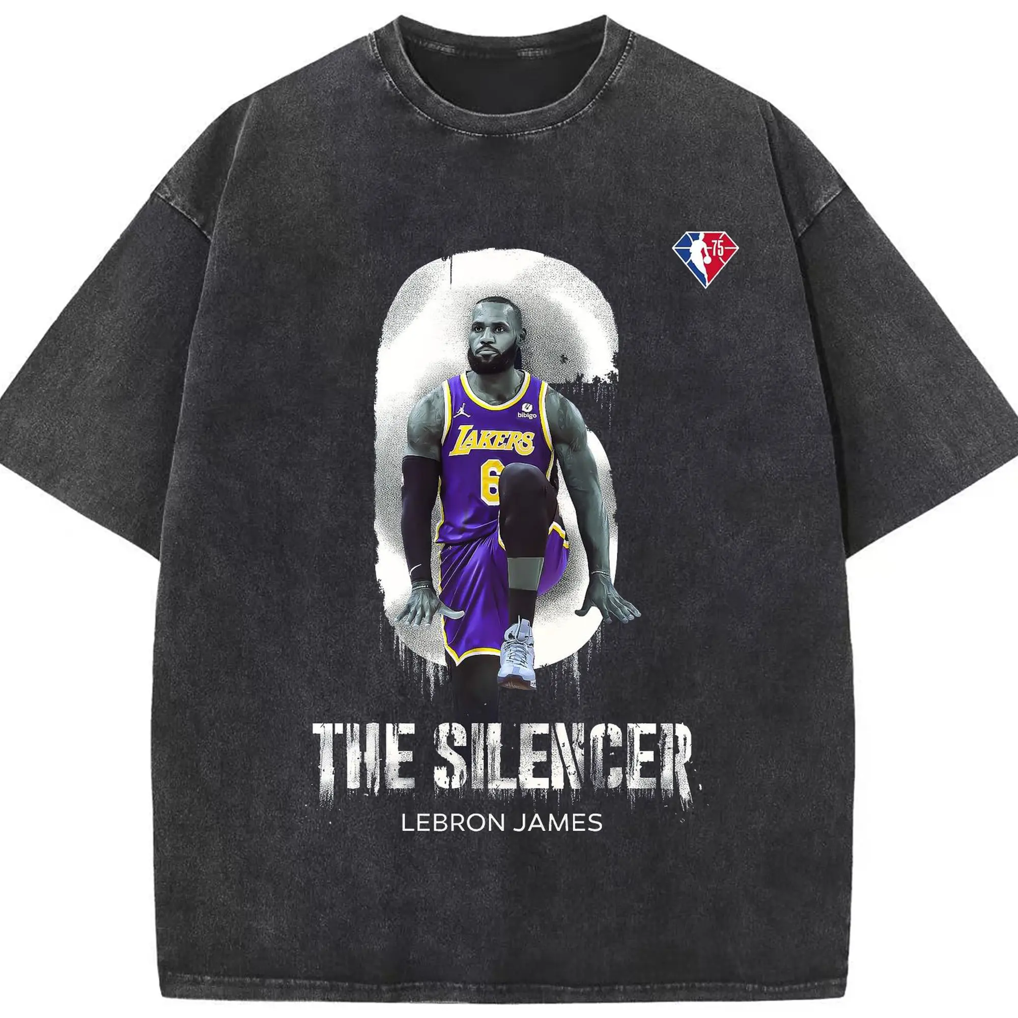 LeBron James "The Silencer" 75 Superstars Graphic Shirt - Washed Vintage Look 230g Cotton Oversized T-Shirt With Front Heat Transfer Print – Soft, Lightweight, Stylish Fit – Comfortable Casual Wear For Sports & Everyday Use