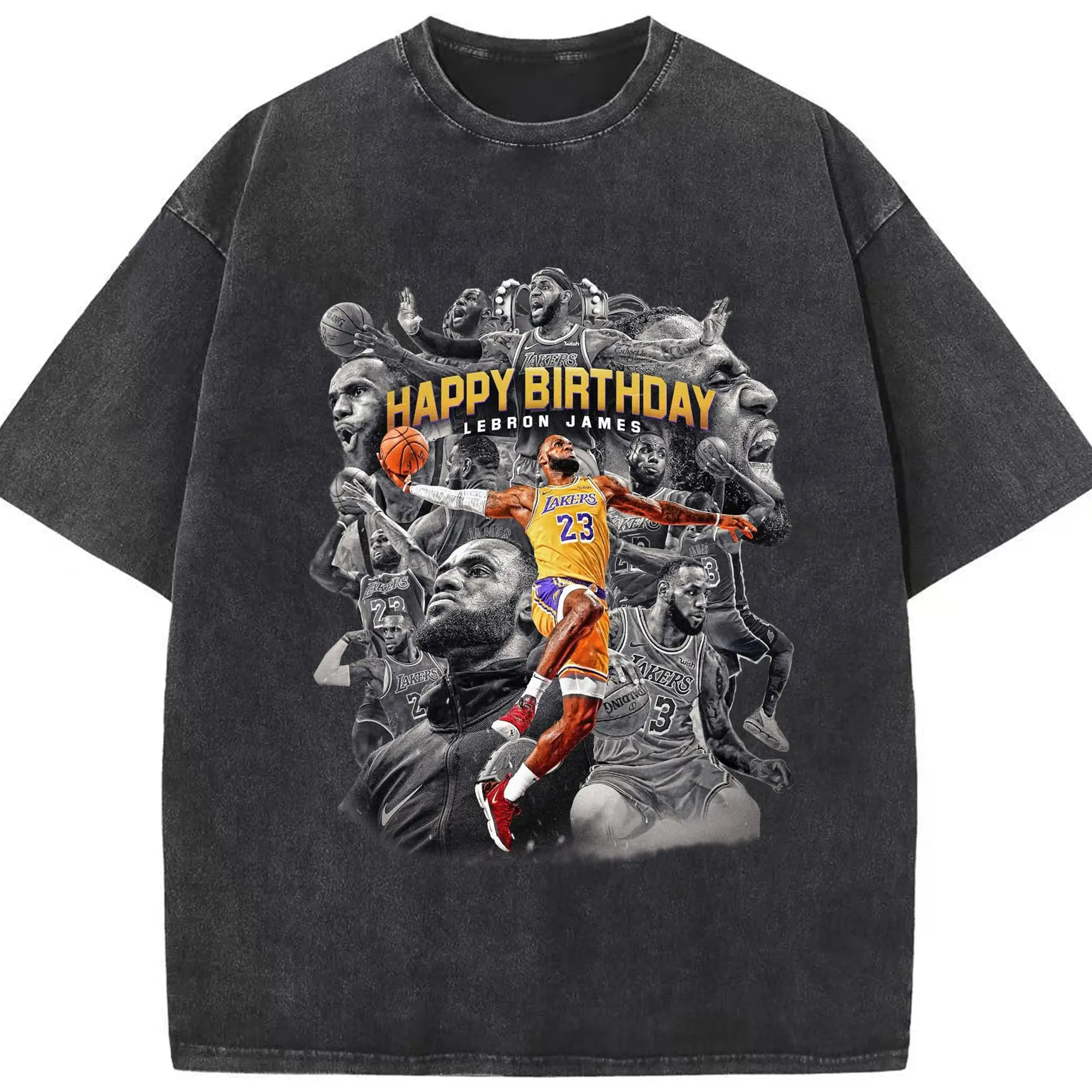 LeBron James "Happy Birthday" Limited Edition Lakers Shirt - Washed Vintage Look 230g Cotton Oversized T-Shirt With Front Heat Transfer Print – Soft, Lightweight, Stylish Fit – Comfortable Casual Wear For Sports & Everyday Use