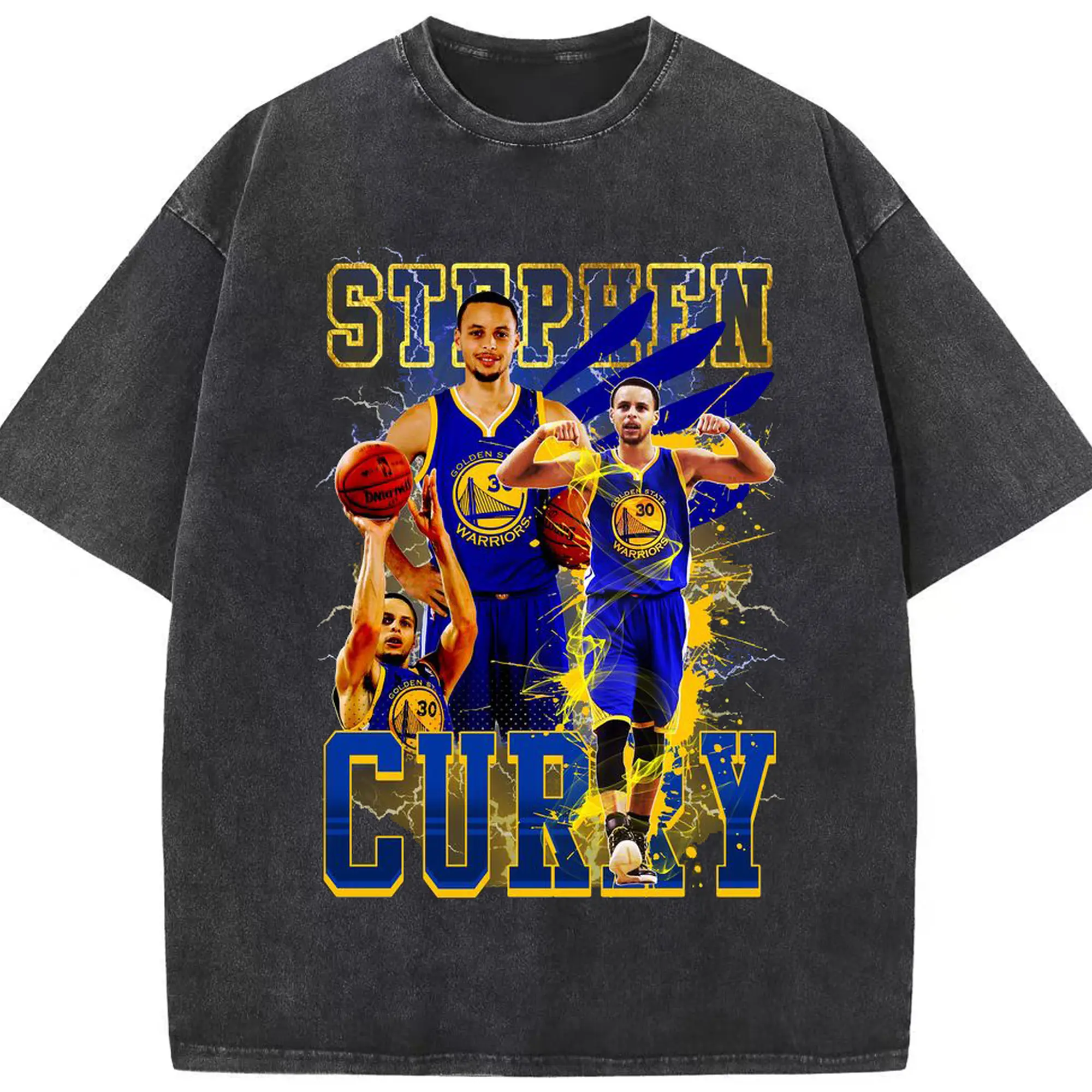 Stephen Curry 30 Classic Blue Gold Warriors Jersey Shirt - Washed Vintage Look 230g Cotton Oversized T-Shirt With Front Heat Transfer Print – Soft, Lightweight, Stylish Fit – Comfortable Casual Wear For Sports & Everyday Use