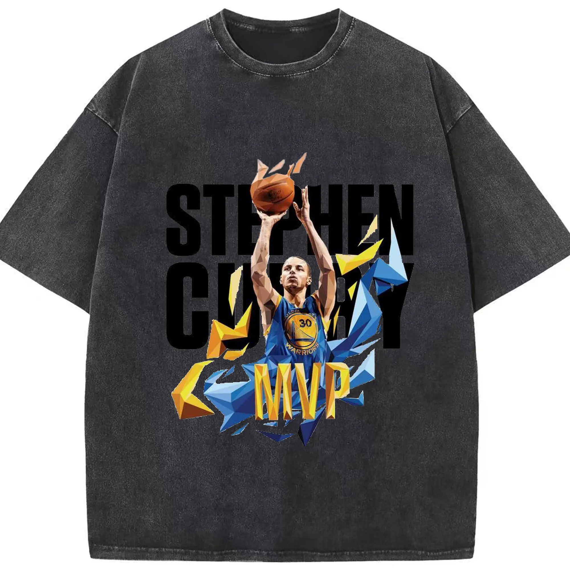Stephen Curry MVP Polygon Art Shirt - Washed Vintage Look 230g Cotton Oversized T-Shirt With Front Heat Transfer Print – Soft, Lightweight, Stylish Fit – Comfortable Casual Wear For Sports & Everyday Use