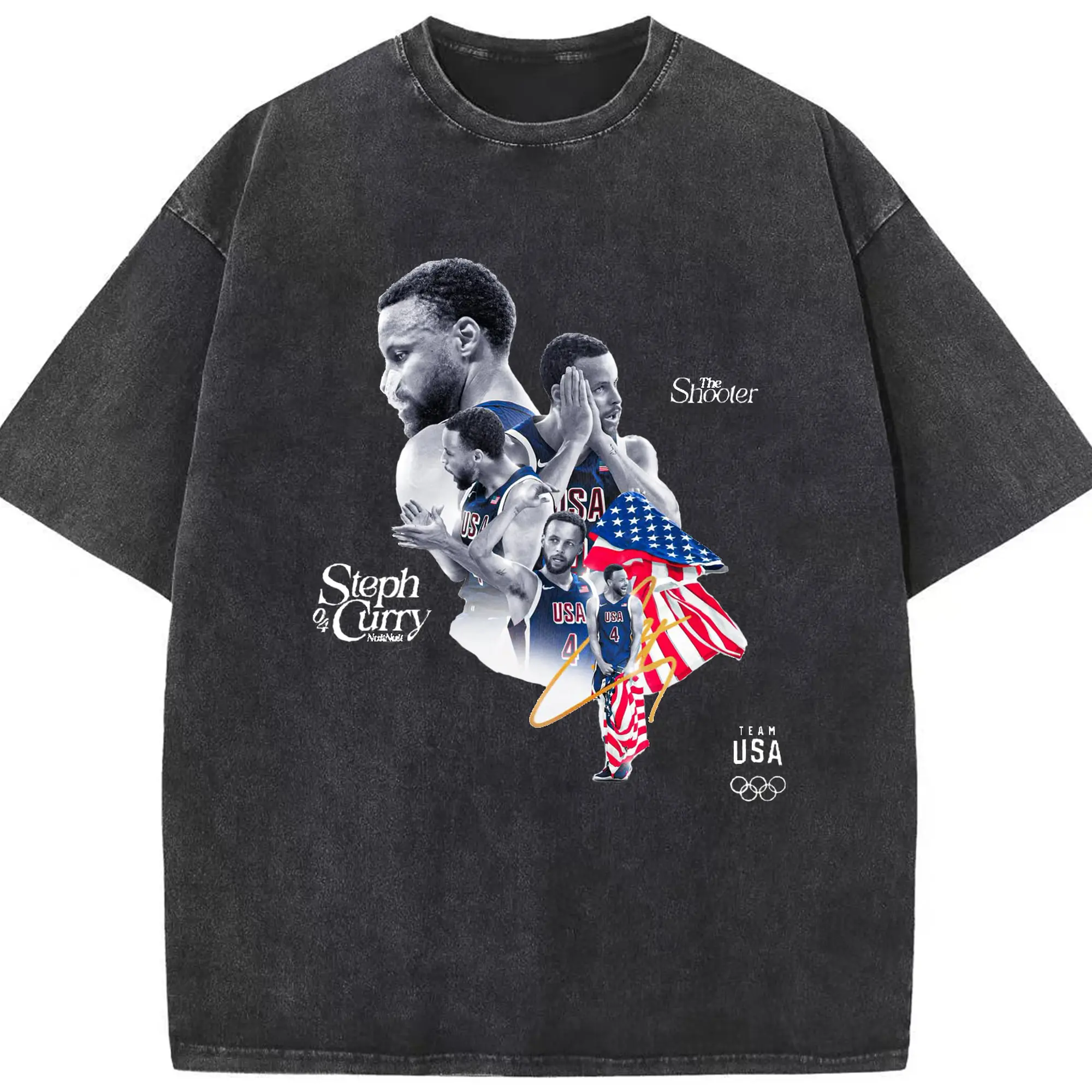 USA Basketball Curry #4 Shirt - Washed Vintage Look 230g Cotton Oversized T-Shirt With Front Heat Transfer Print – Soft, Lightweight, Stylish Fit – Comfortable Casual Wear For Sports & Everyday Use