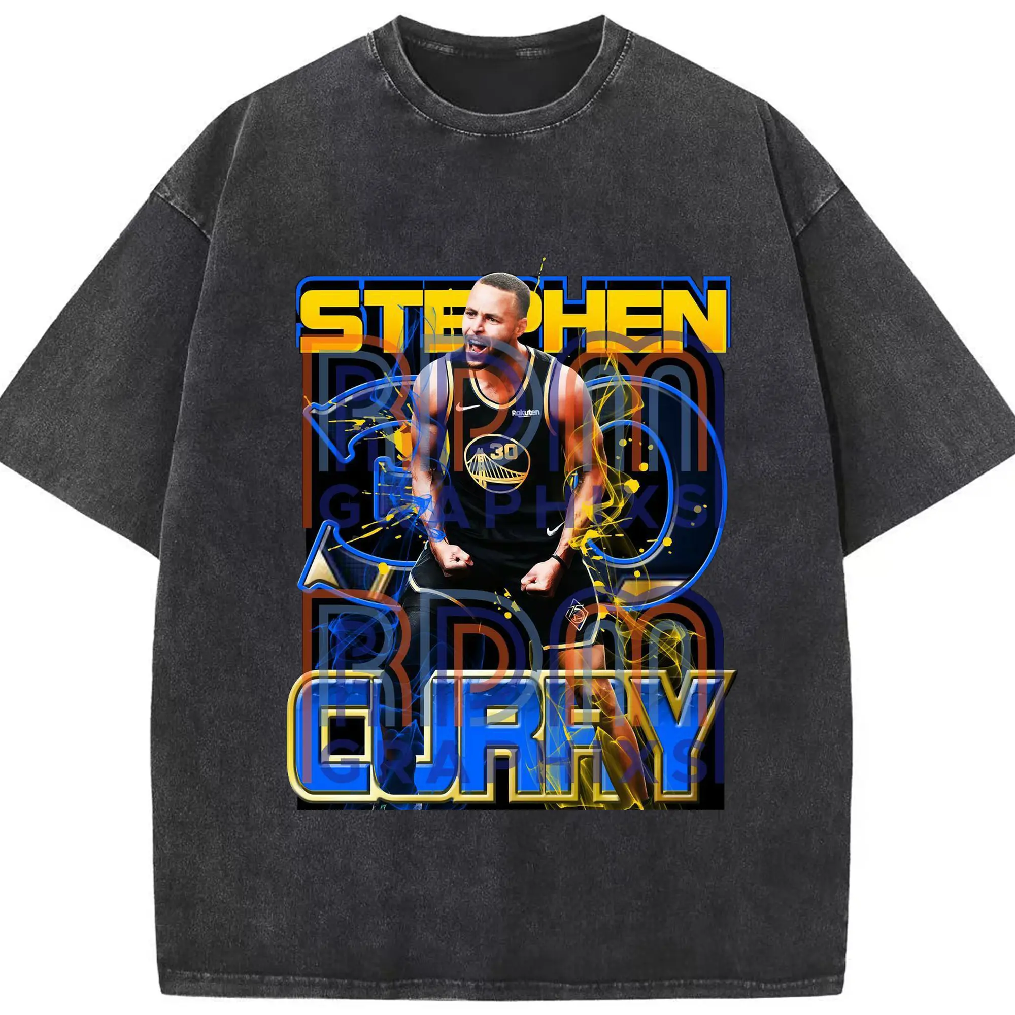 Stephen Curry Electric Blue Gold Streetwear  Victory Roar Shirt - Washed Vintage Look 230g Cotton Oversized T-Shirt With Front Heat Transfer Print – Soft, Lightweight, Stylish Fit – Comfortable Casual Wear For Sports & Everyday Use