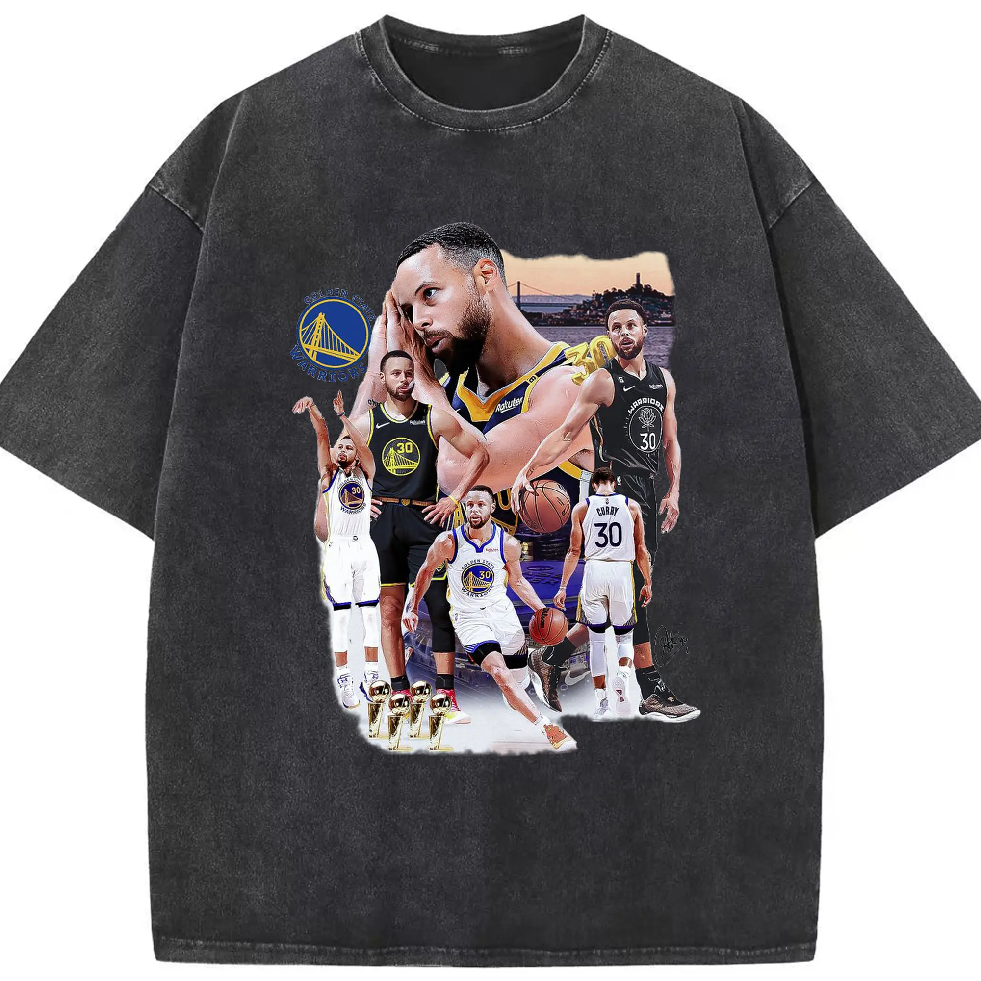 Stephen Curry 4×Championship Journey Shirt - Washed Vintage Look 230g Cotton Oversized T-Shirt With Front Heat Transfer Print – Soft, Lightweight, Stylish Fit – Comfortable Casual Wear For Sports & Everyday Use