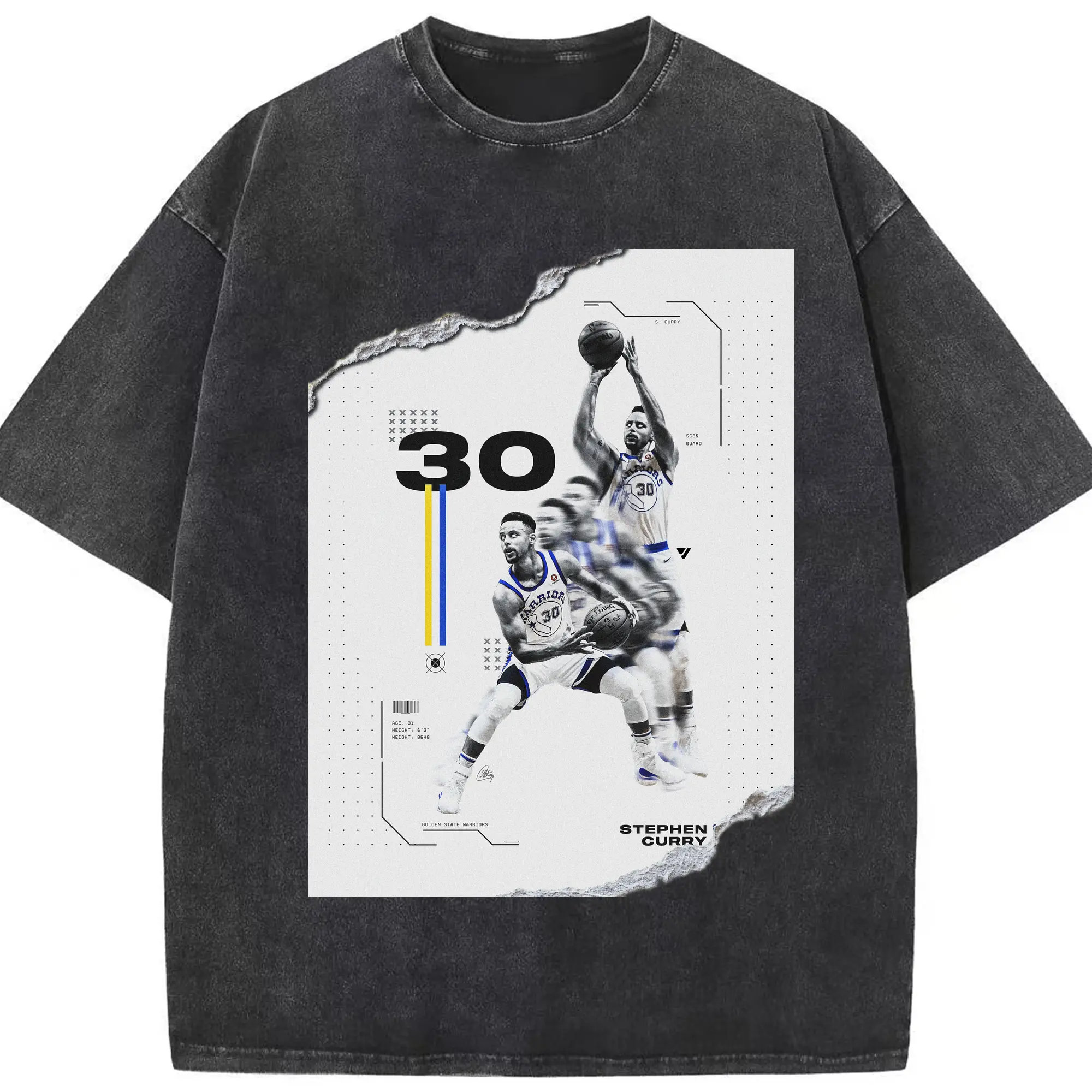 Stephen Curry #30 Shred Art Shirt - Washed Vintage Look 230g Cotton Oversized T-Shirt With Front Heat Transfer Print – Soft, Lightweight, Stylish Fit – Comfortable Casual Wear For Sports & Everyday Use
