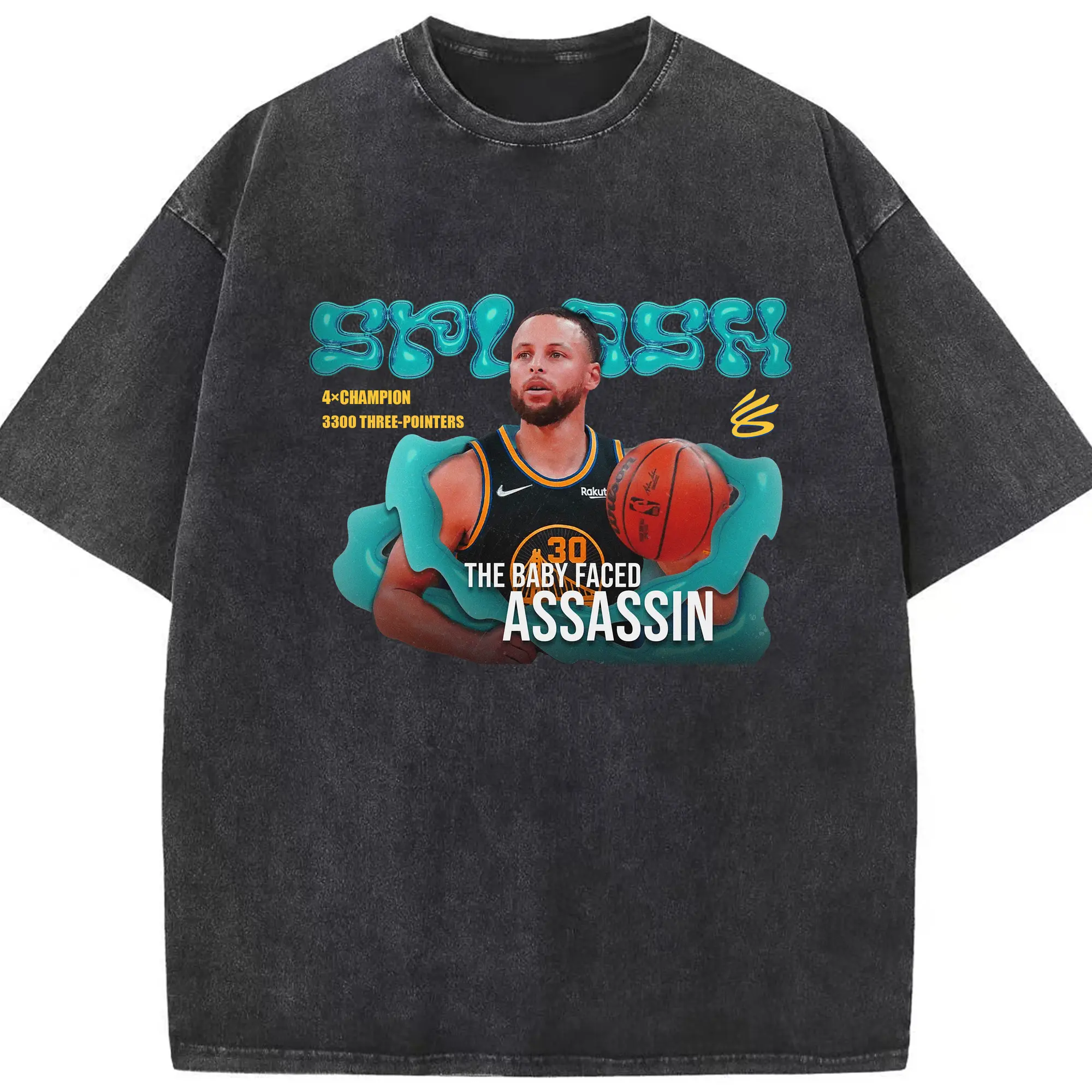 Stephen Curry Art “The Baby Faced assassin” logo Shirt - Washed Vintage Look 230g Cotton Oversized T-Shirt With Front Heat Transfer Print – Soft, Lightweight, Stylish Fit – Comfortable Casual Wear For Sports & Everyday Use