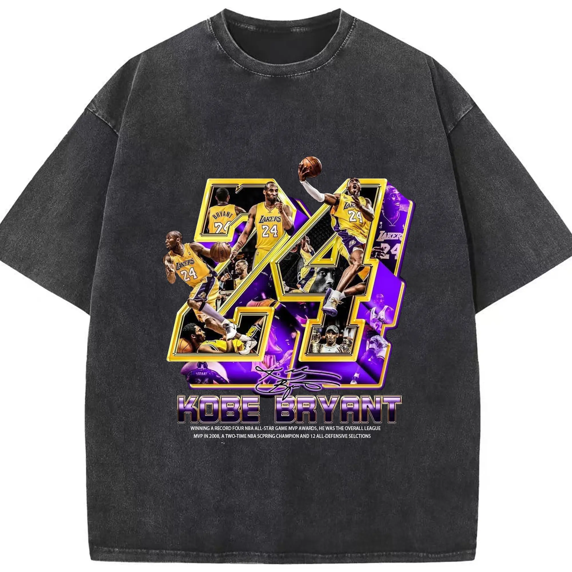 Kobe Bryant No. 24 close-up - Washed Vintage Look 230g Cotton Oversized T-Shirt With Front Heat Transfer Print – Soft, Lightweight, Stylish Fit – Comfortable Casual Wear For Sports & Everyday Use