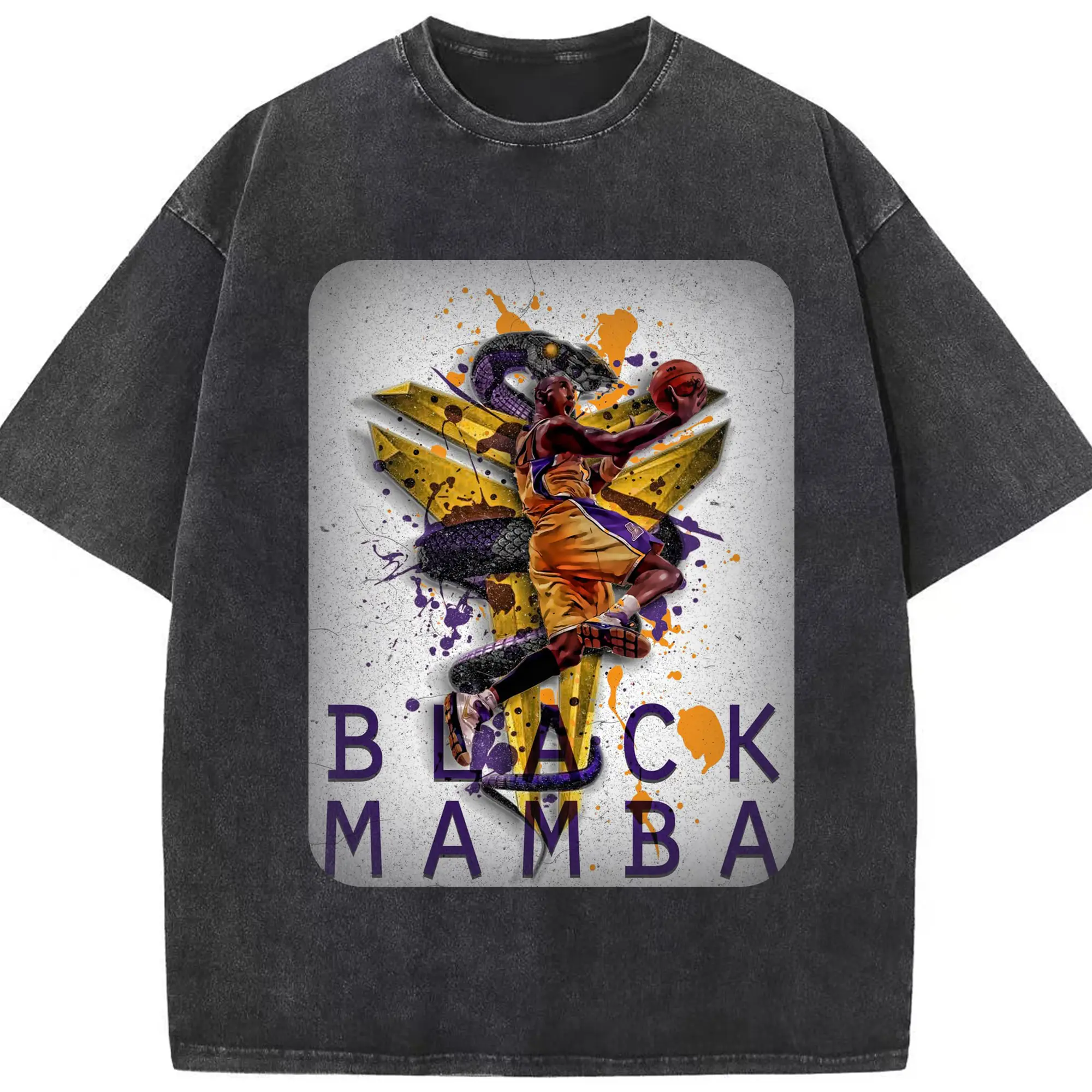 Black Mamba Logo Kobe Bryant Shirt - Washed Vintage Look 230g Cotton Oversized T-Shirt With Front Heat Transfer Print – Soft, Lightweight, Stylish Fit – Comfortable Casual Wear For Sports & Everyday Use