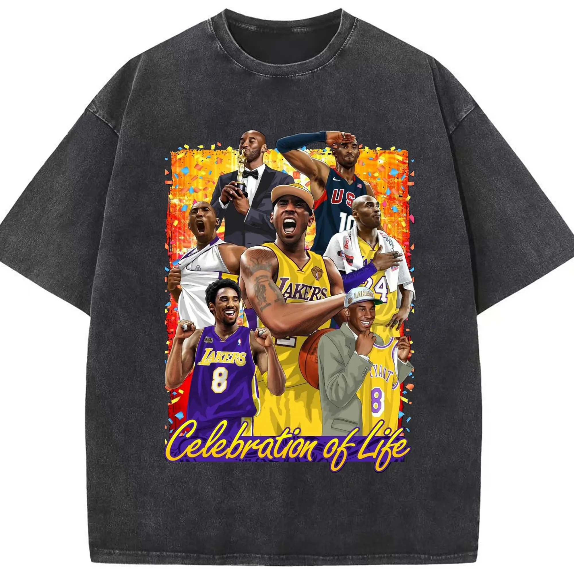 Kobe Bryant Life Celebration Shirt - Washed Vintage Look 230g Cotton Oversized T-Shirt With Front Heat Transfer Print – Soft, Lightweight, Stylish Fit – Comfortable Casual Wear For Sports & Everyday Use