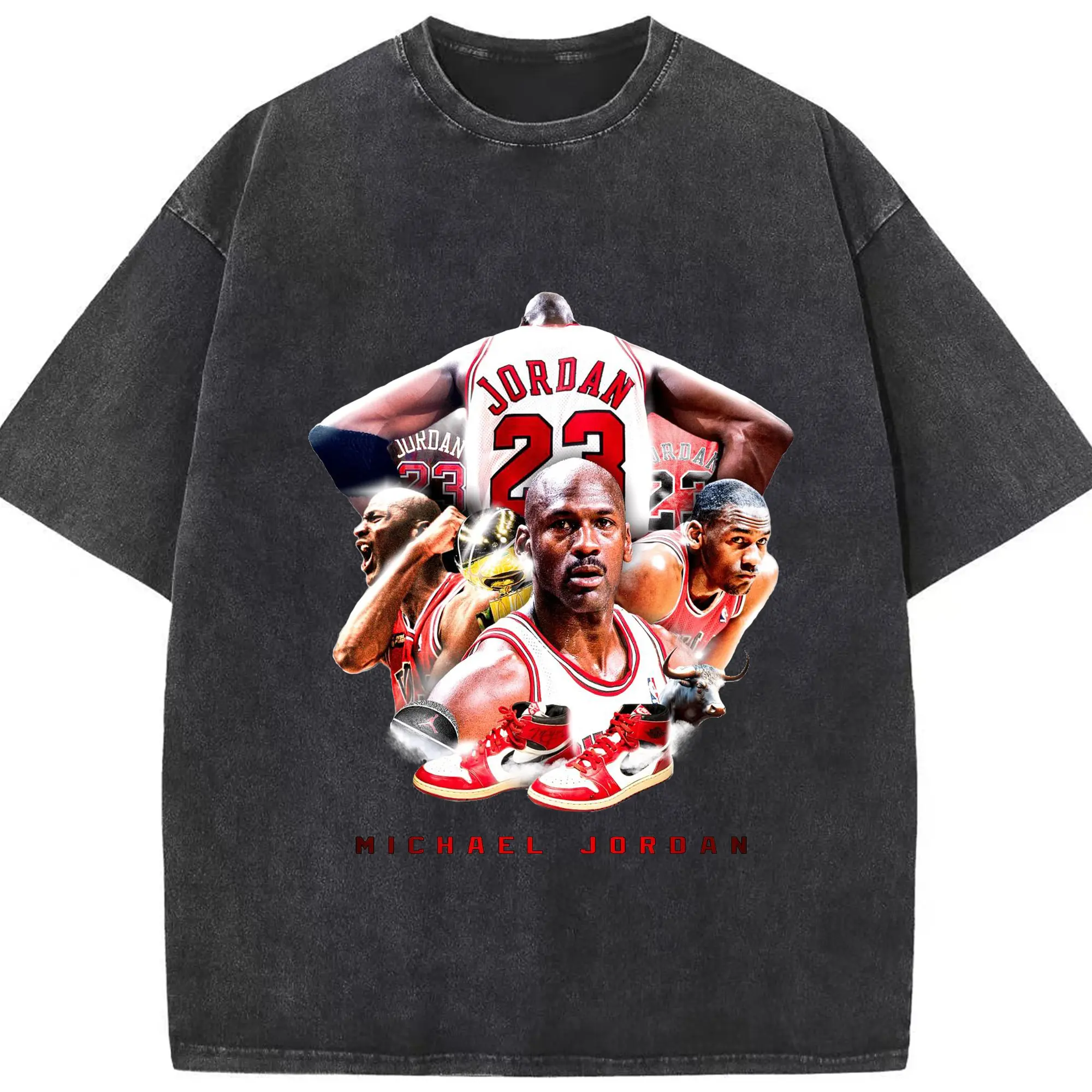 Michael Jordan Retro GOAT Tribute Shirt with Air Jordan 1 - Washed Vintage Look 230g Cotton Oversized T-Shirt With Front Heat Transfer Print – Soft, Lightweight, Stylish Fit – Comfortable Casual Wear For Sports & Everyday Use