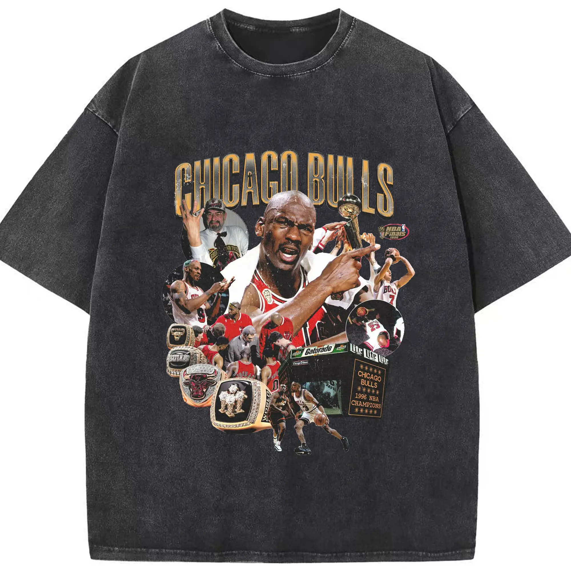 Michael Jordan 1996 Chicago Bulls Champions Shirt - Washed Vintage Look 230g Cotton Oversized T-Shirt With Front Heat Transfer Print – Soft, Lightweight, Stylish Fit – Comfortable Casual Wear For Sports & Everyday Use