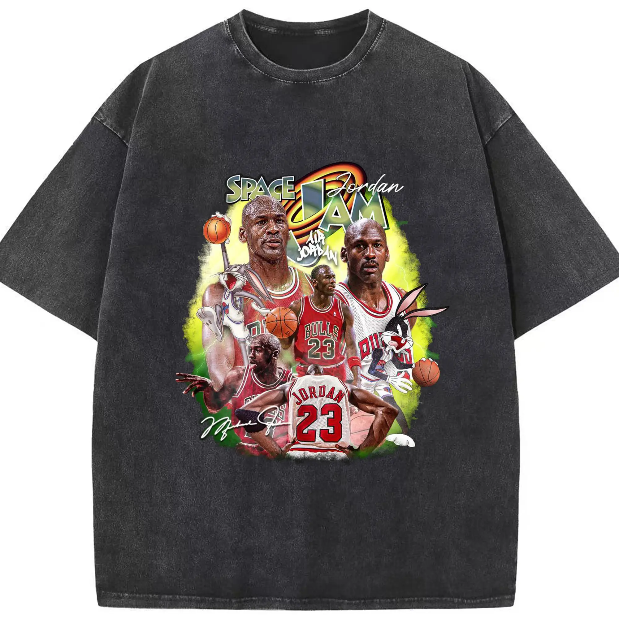 Space Jam x Michael Jordan Collage Shirt - Washed Vintage Look 230g Cotton Oversized T-Shirt With Front Heat Transfer Print – Soft, Lightweight, Stylish Fit – Comfortable Casual Wear For Sports & Everyday Use