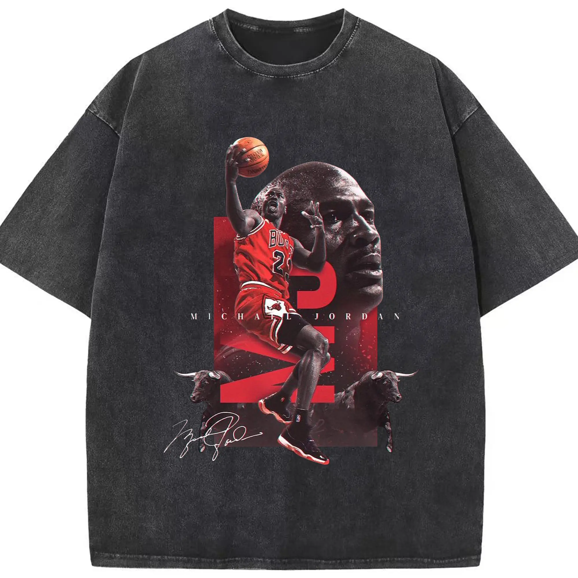 Michael Jordan Chicago Bulls GOAT Tribute Shirt - Washed Vintage Look 230g Cotton Oversized T-Shirt With Front Heat Transfer Print – Soft, Lightweight, Stylish Fit – Comfortable Casual Wear For Sports & Everyday Use