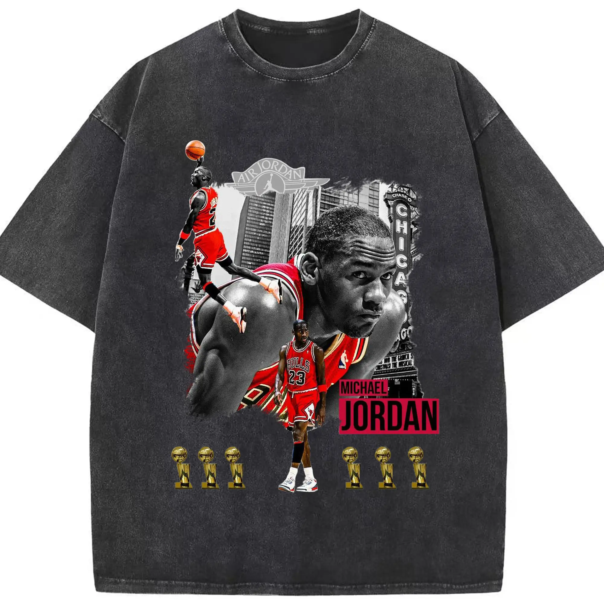 Michael Jordan 6x NBA Champion Shirt - Washed Vintage Look 230g Cotton Oversized T-Shirt With Front Heat Transfer Print – Soft, Lightweight, Stylish Fit – Comfortable Casual Wear For Sports & Everyday Use