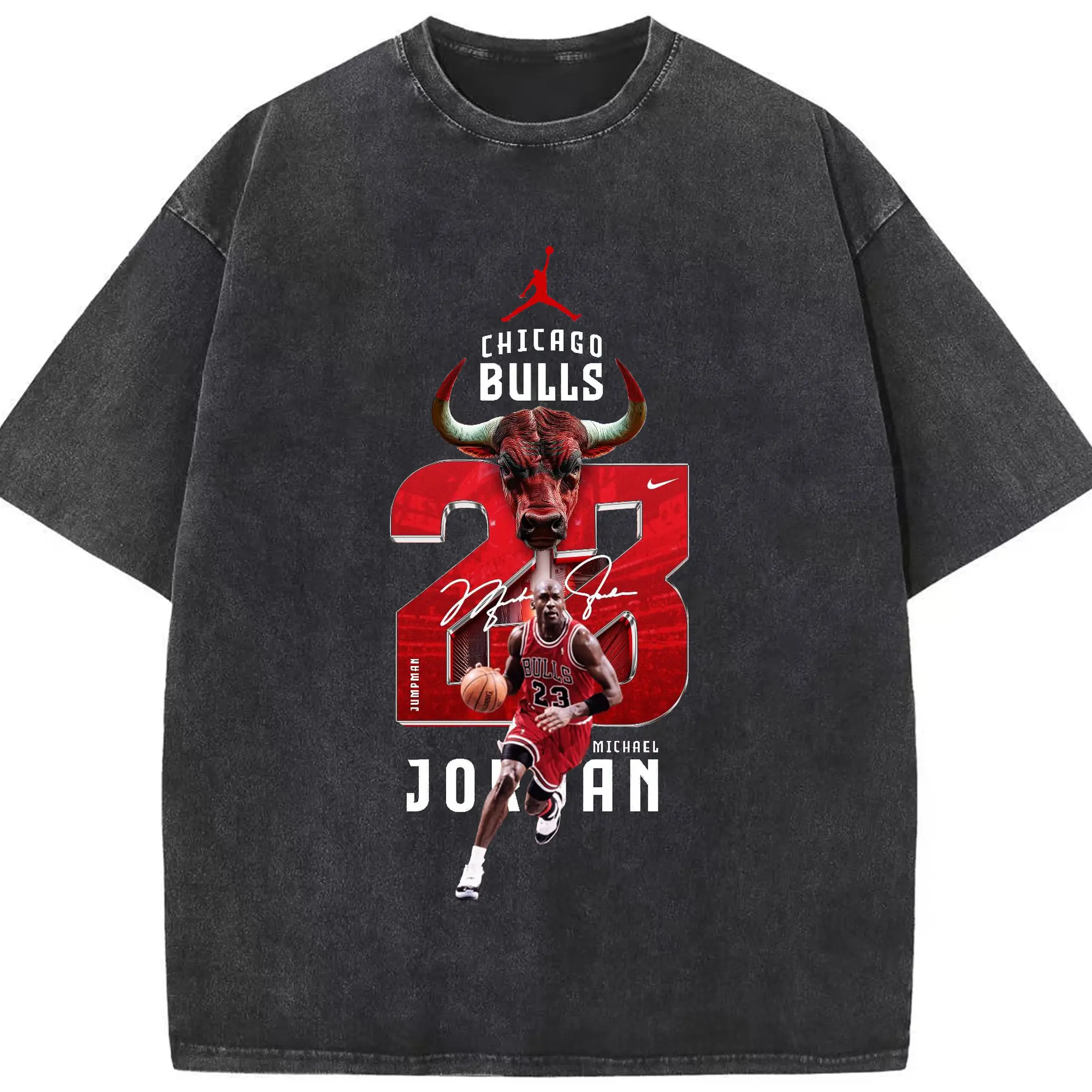 Michael Jordan No. 23 close-up - Washed Vintage Look 230g Cotton Oversized T-Shirt With Front Heat Transfer Print – Soft, Lightweight, Stylish Fit – Comfortable Casual Wear For Sports & Everyday Use