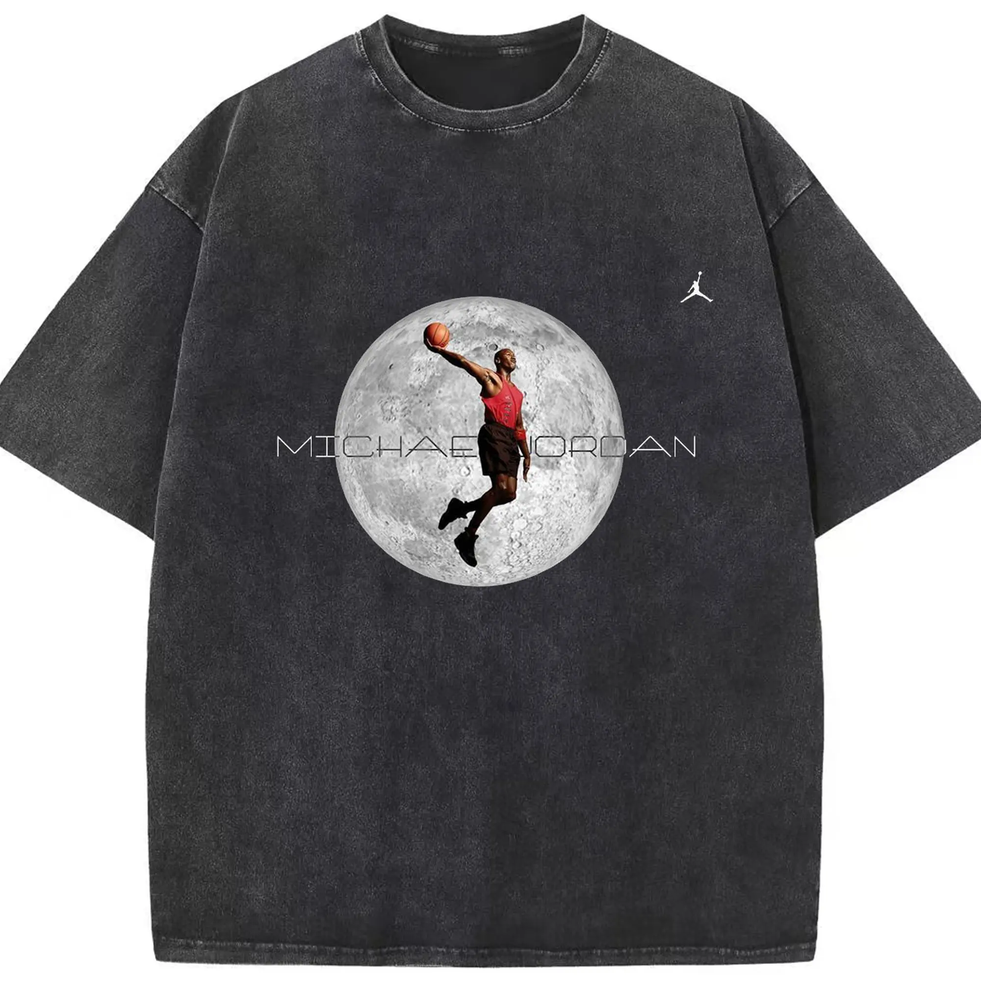 Michael Jordan dunks over the moon - Washed Vintage Look 230g Cotton Oversized T-Shirt With Front Heat Transfer Print – Soft, Lightweight, Stylish Fit – Comfortable Casual Wear For Sports & Everyday Use