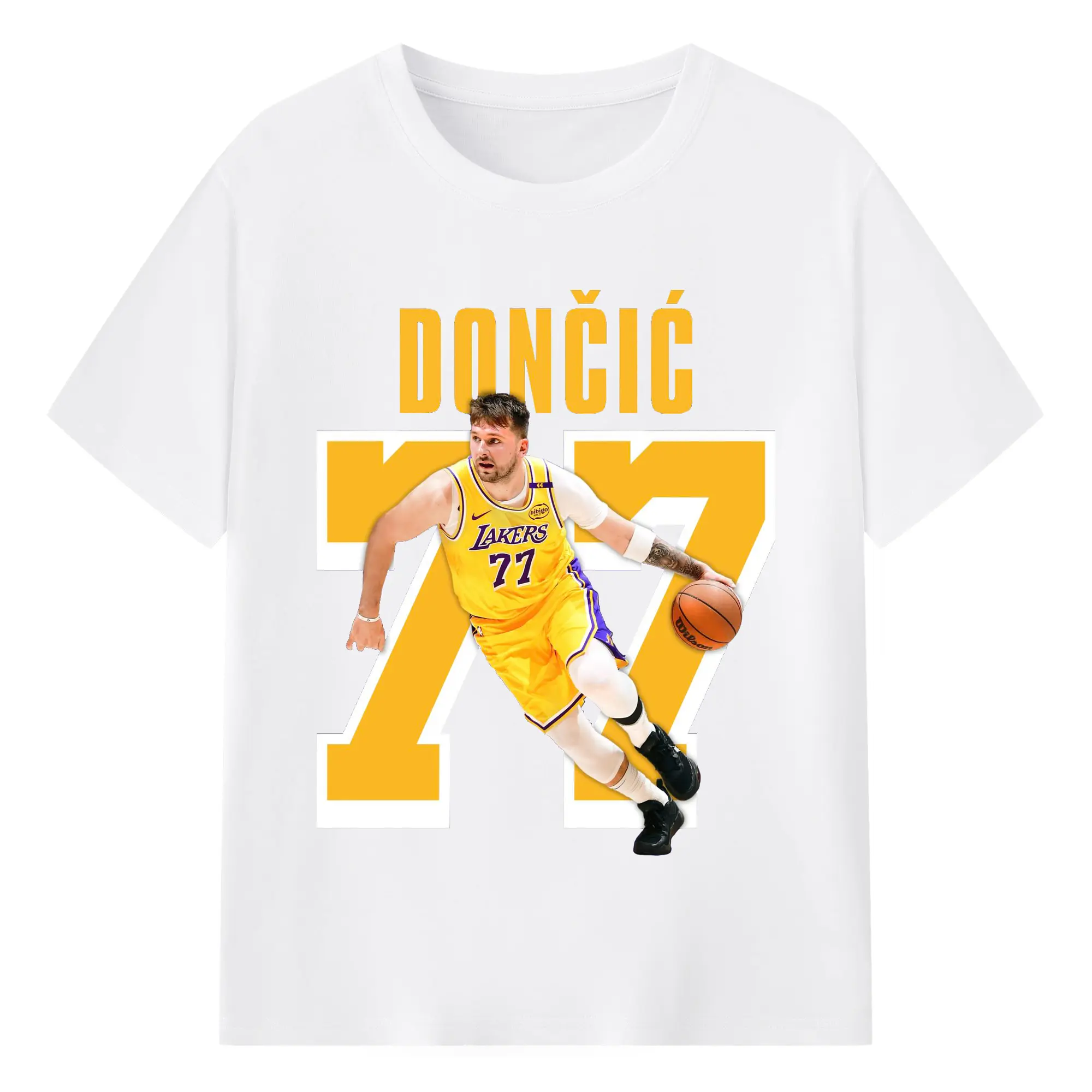 Luka Dončić #77 Lakers Shirt - 180g Cotton T-Shirt With Front Heat Transfer Print – Soft, Lightweight, Fitted Design – Comfortable Casual Wear For Sports & Everyday Use