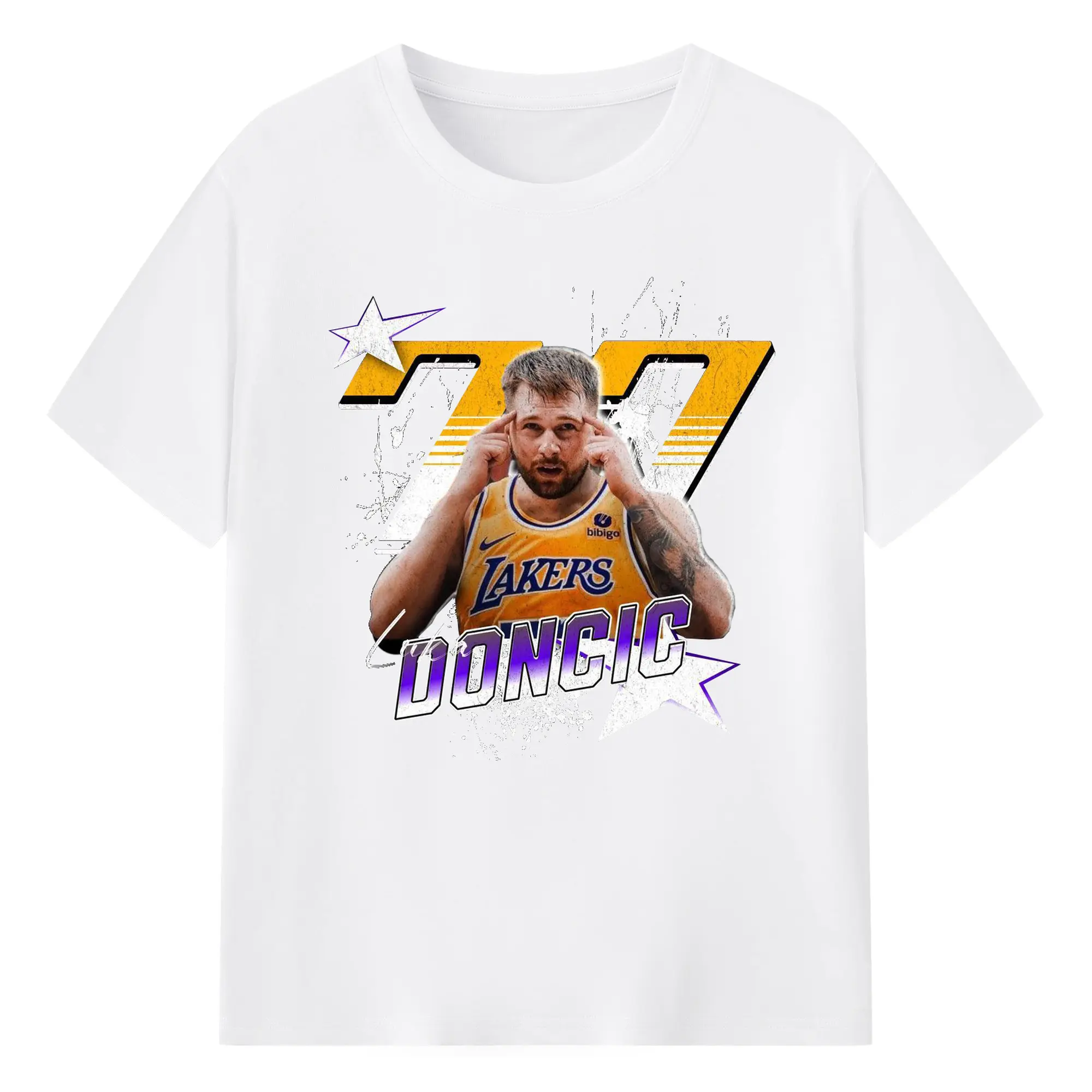 Luka Dončić 77 Uniting Luka’s Magic with LA Lakers Shirt - 180g Cotton T-Shirt With Front Heat Transfer Print – Soft, Lightweight, Fitted Design – Comfortable Casual Wear For Sports & Everyday Use