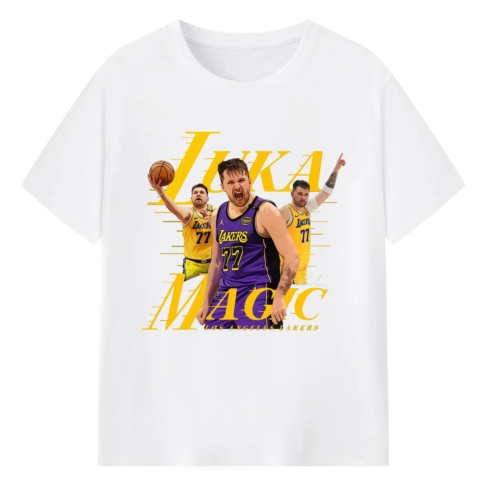 Luka Magic 77 Lakers Jersey Shirt - 180g Cotton T-Shirt With Front Heat Transfer Print – Soft, Lightweight, Fitted Design – Comfortable Casual Wear For Sports & Everyday Use