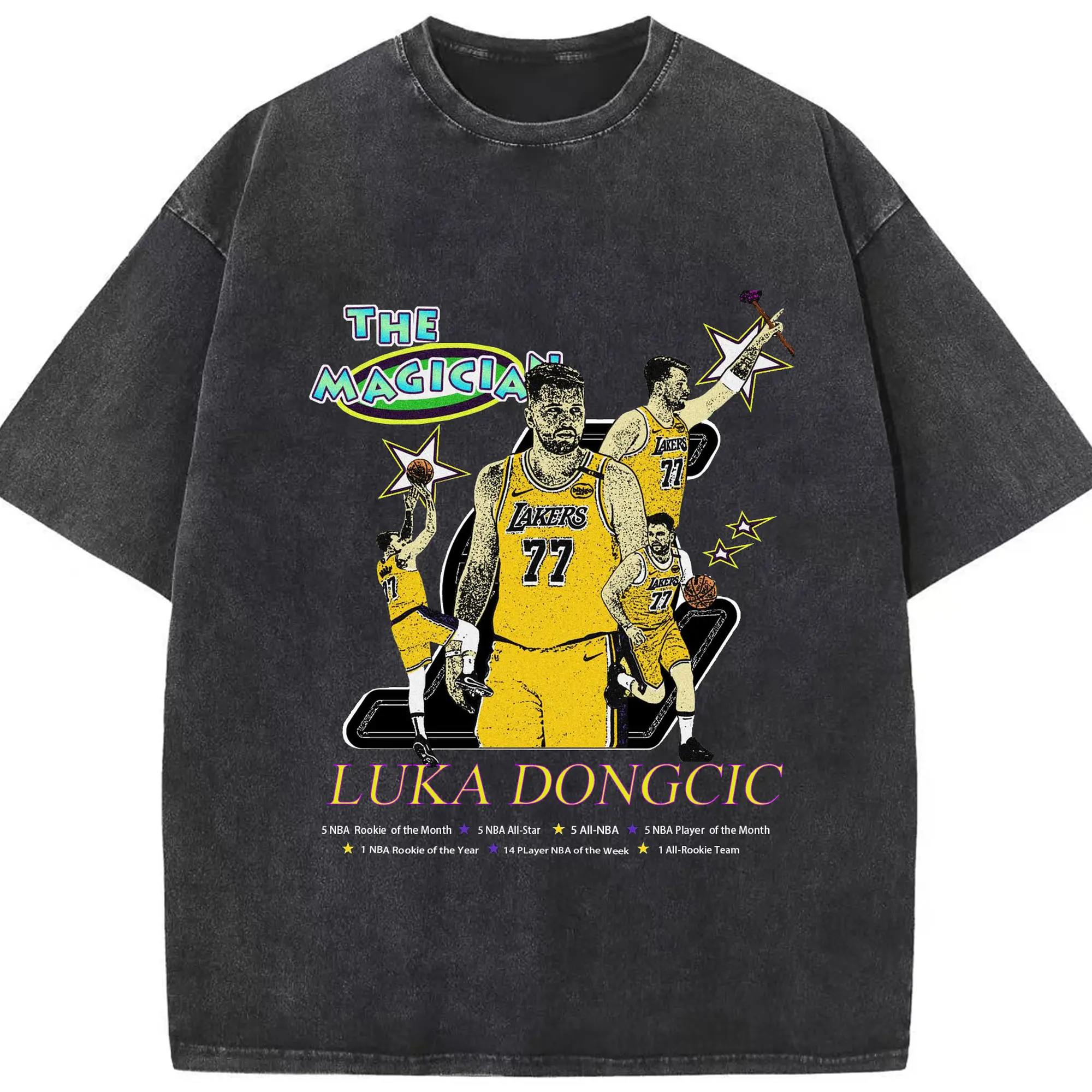 The Magician Luka Dončić Lakers 77 Jersey Shirt - Washed Vintage Look 230g Cotton Oversized T-Shirt With Front Heat Transfer Print – Soft, Lightweight, Stylish Fit – Comfortable Casual Wear For Sports & Everyday Use